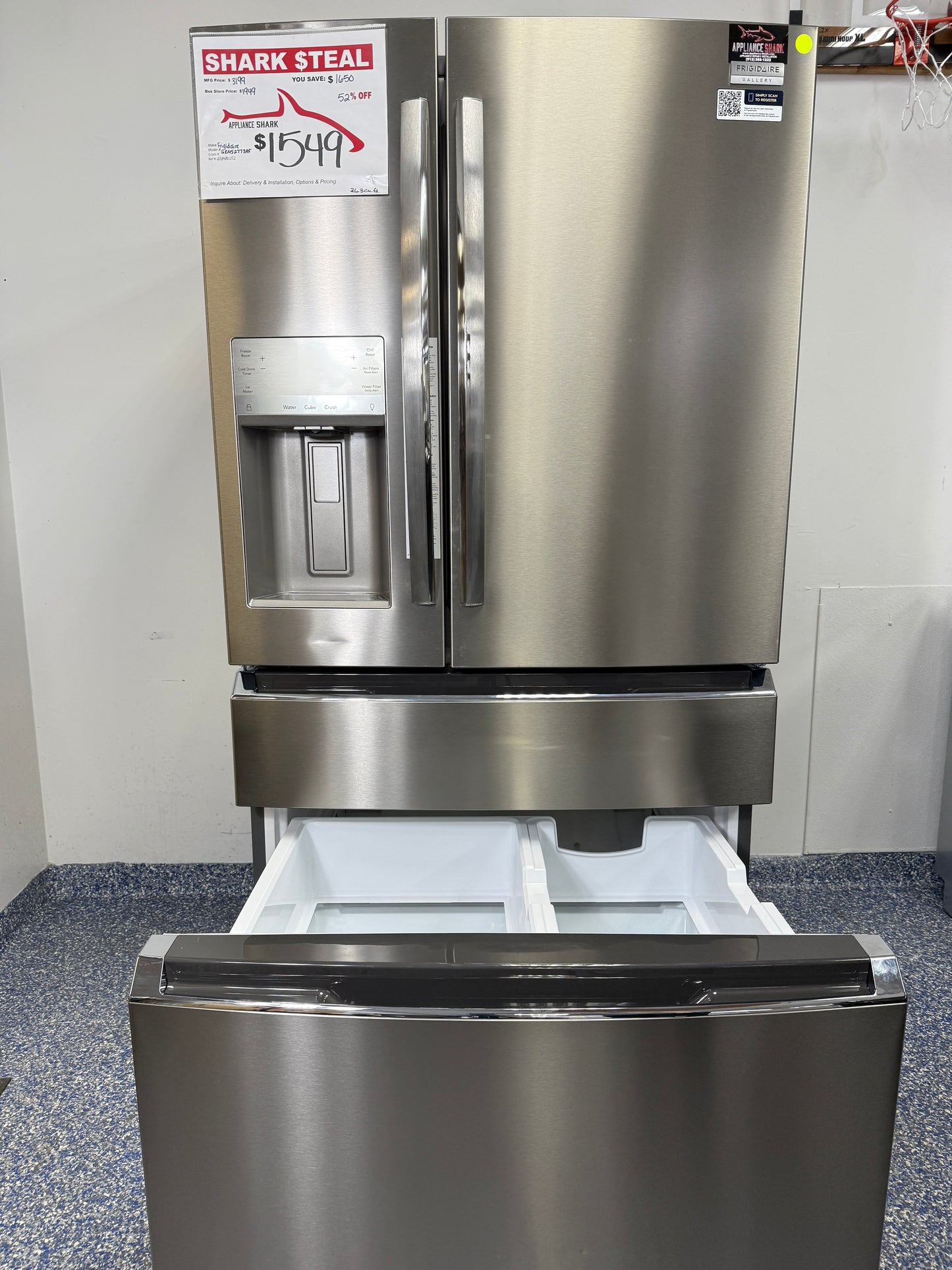 26.3 Cu.Ft. FRIGIDAIRE Gallery 4-Door French Door Refrigerator with Bottom Freezer, Ice Maker, and Openaccess Door at Appliance Shark Discount Store in the KC Metro