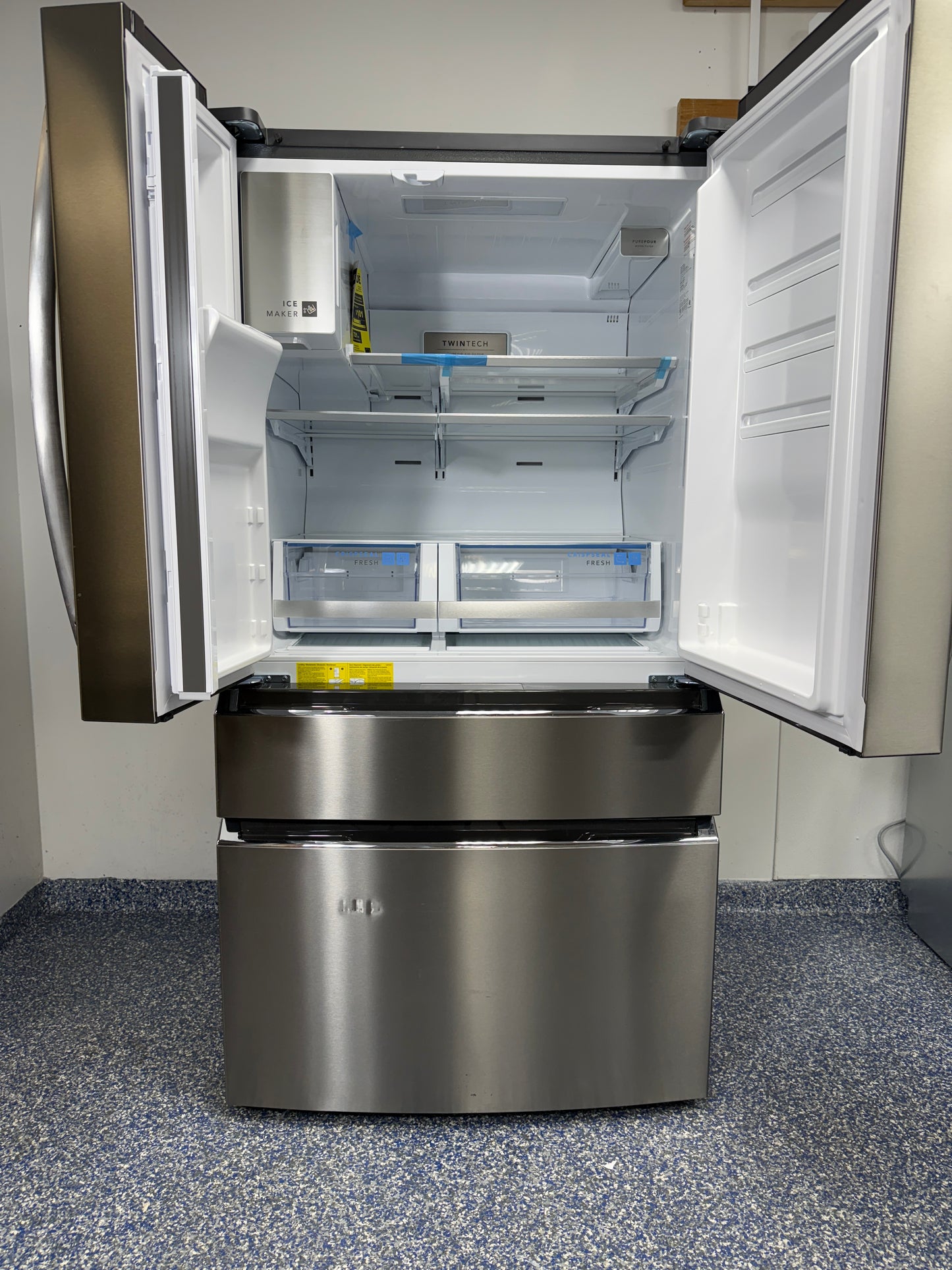26.3 Cu.Ft. FRIGIDAIRE Gallery 4-Door French Door Refrigerator with Snack Zones, Custom-Flex Temp Drawer, and Openaccess Door at Appliance Shark Discount Appliance Store in Overland Park, Kansas