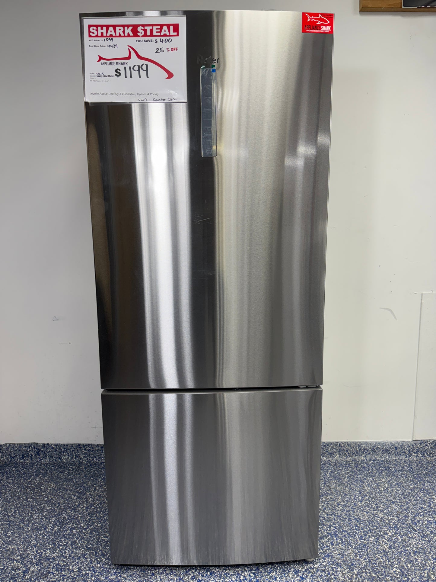 15 Cu.Ft. HAEIR Bottom Freezer Refrigerator with 28 Inch Width, Counter Depth Design, and External Capacitive Touch Temperature Controls at Appliance Shark in Overland Park, Kansas