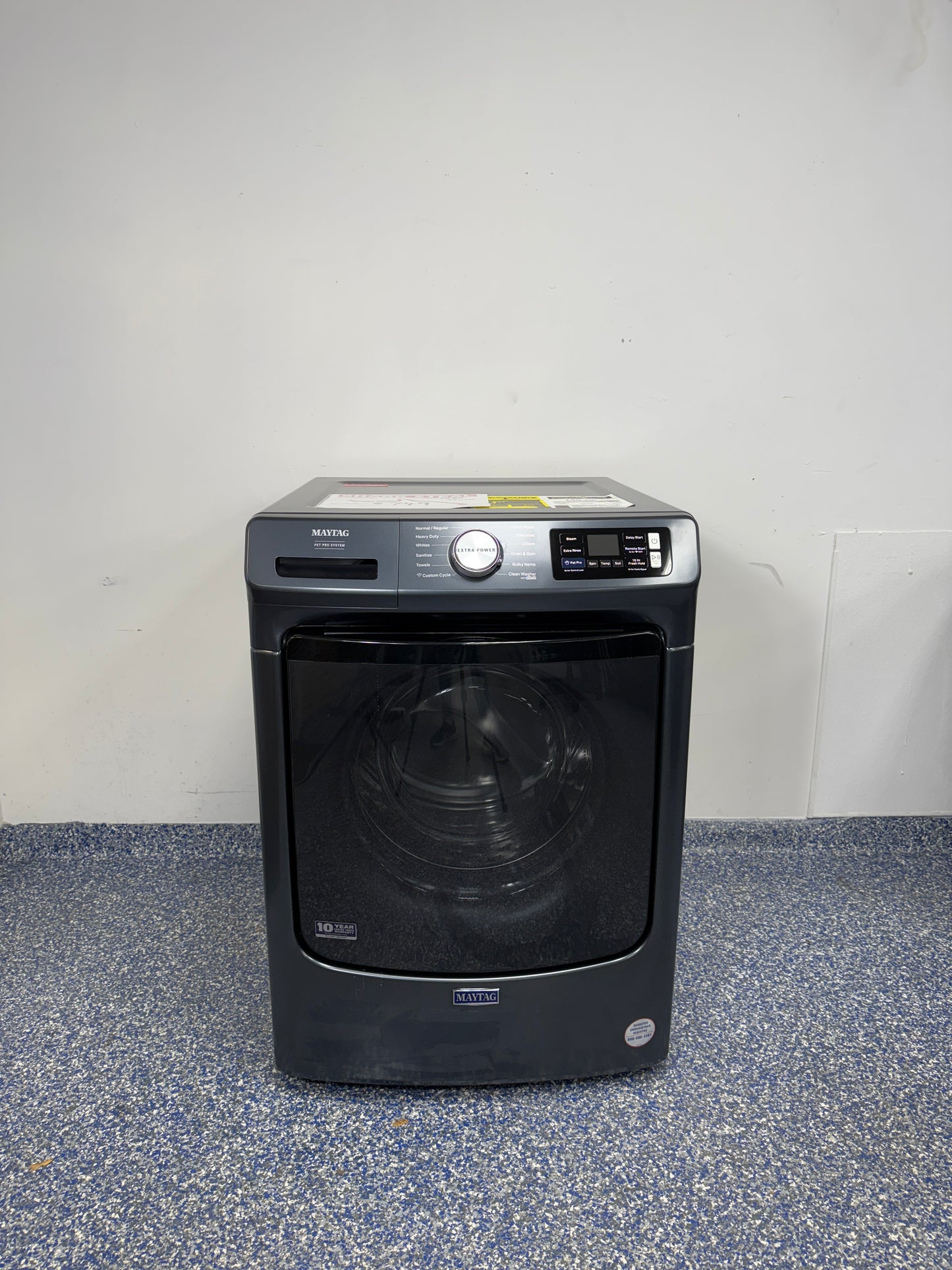 5.0 Cu.Ft. This MAYTAG Smart Front Load Washing Machine with Extra Rinse, Sanitize, Auto Sensing, Quick Wash, Steam, Late Add, and Smart Connectivity with Remote Start and Voice Control at the Best Scratch and Dent Appliance Store in Kansas City Metro