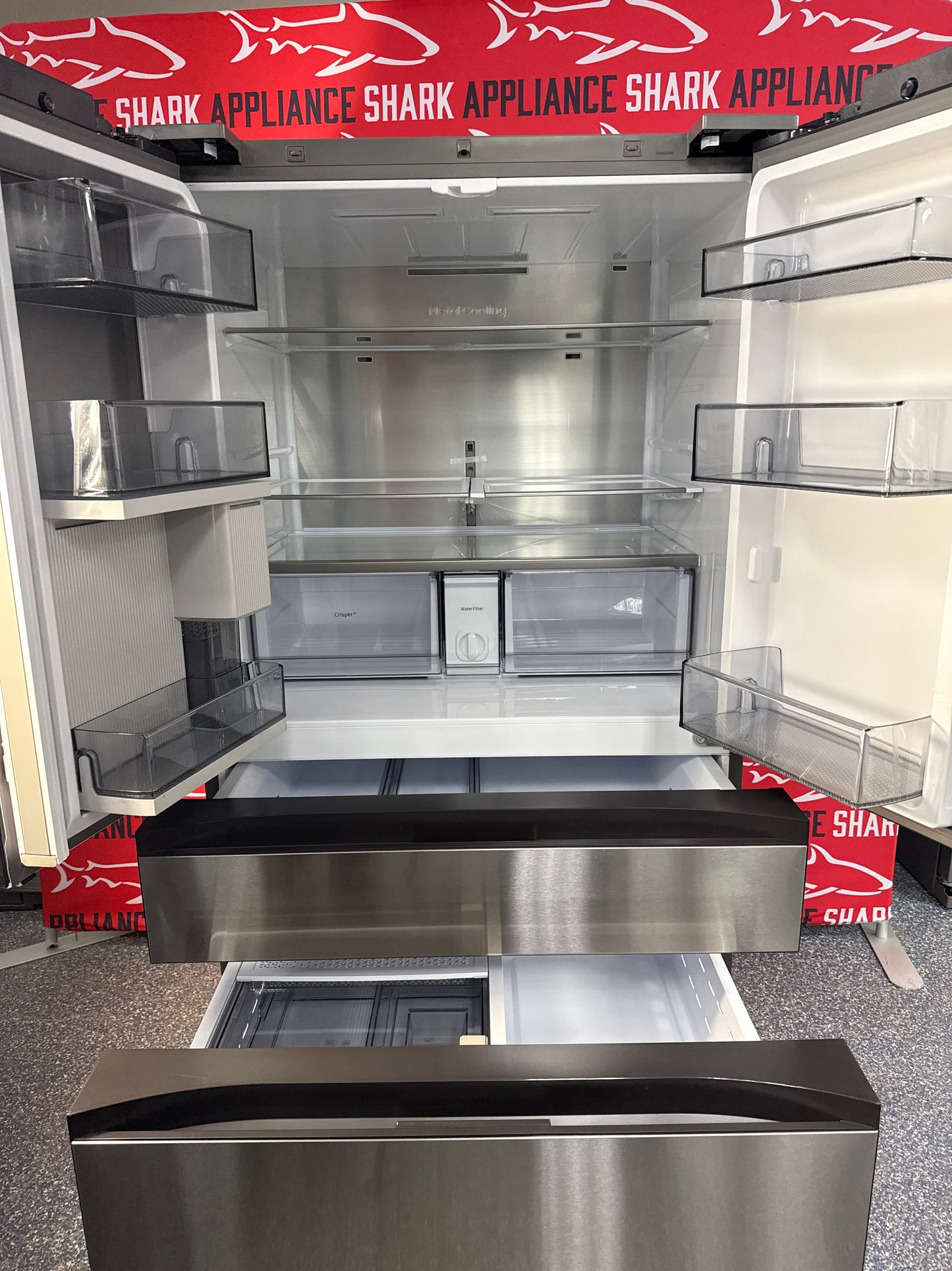 Scratch-dent Samsung Bespoke AI french door refrigerator at Appliance Shark. Kansas City's best scratch-dent appliance store.