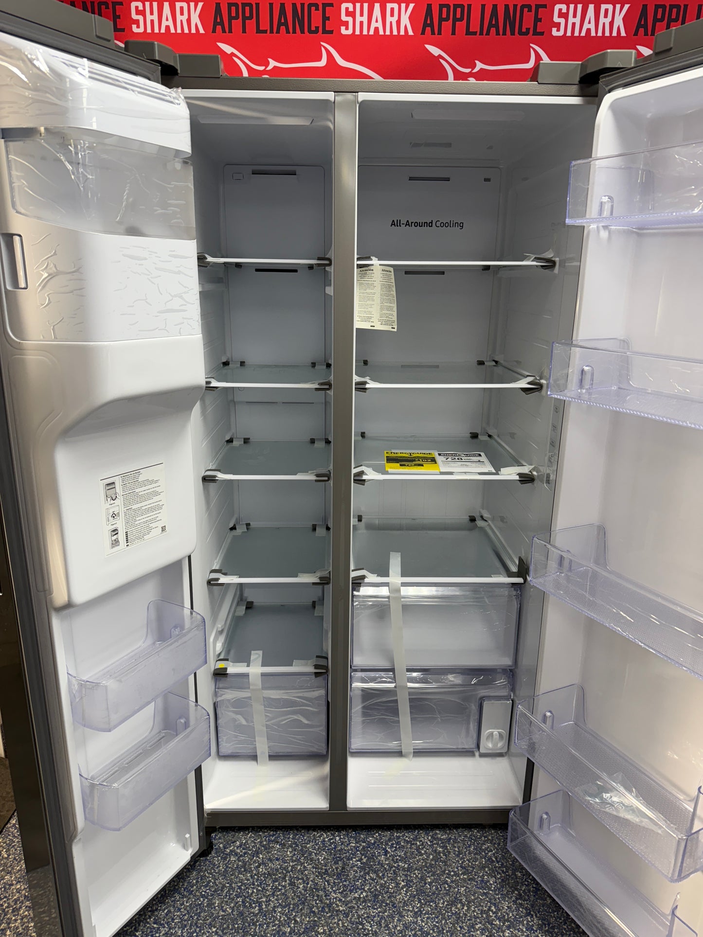 Scratch-dent SAMSUNG side by side refrigerator at Appliance Shark. Kansas City’s best appliance store.