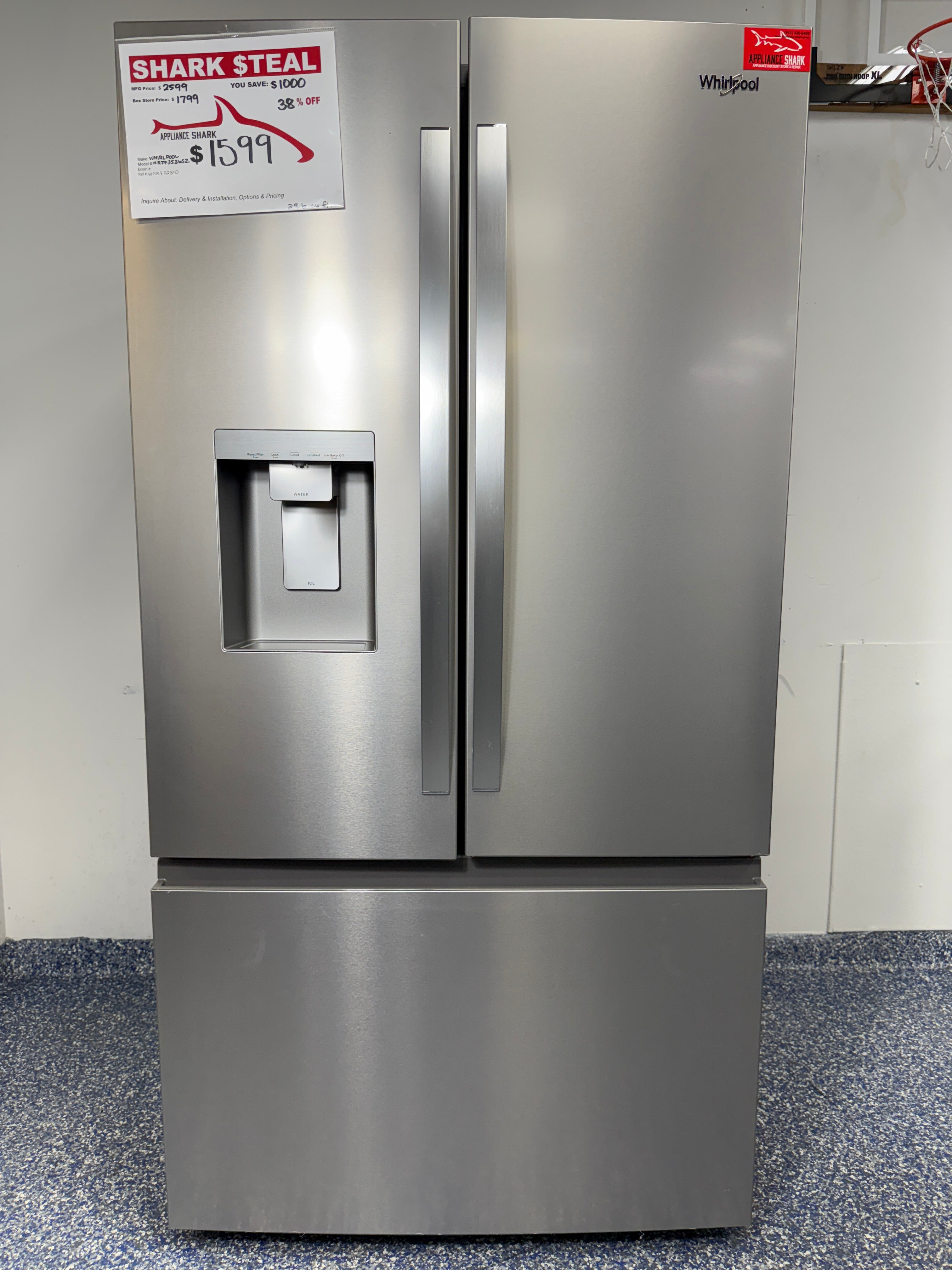 WRFF3536SZ | 30 Cu.Ft. WHIRLPOOL French Door Refrigerator with Filtered External Dispenser and Fingerprint Resistant Finish at Appliance Shark Discount Store in Overland Park, Kansas