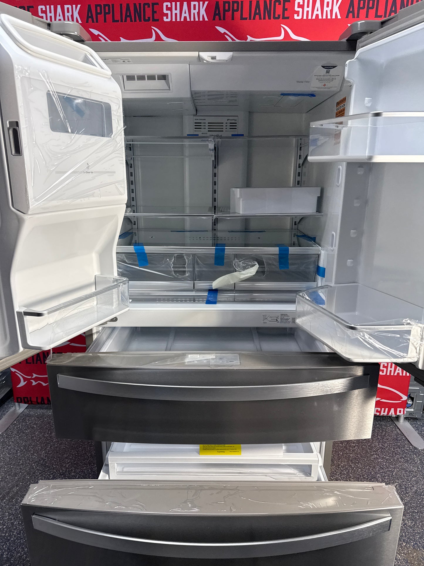 Scratch-dent WHIRLPOOL French door refrigerator at Appliance Shark. Kansas City’s best appliance store.