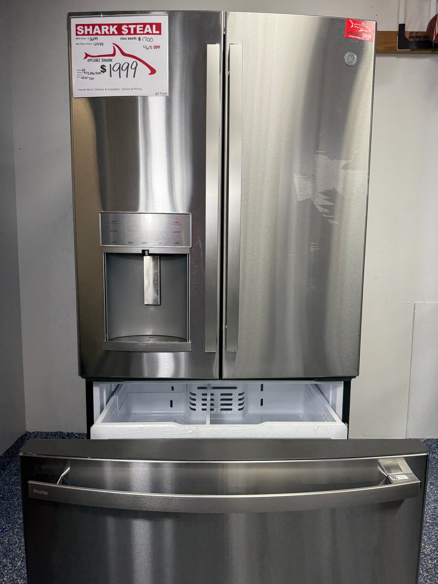 Open view of the freezer drawer of the GE Profile PFE28KYNFS refrigerator, showcasing the two-tier storage and optional second icemaker. On sale at Appliance Shark - Scratch & Dent store | Kansas City.