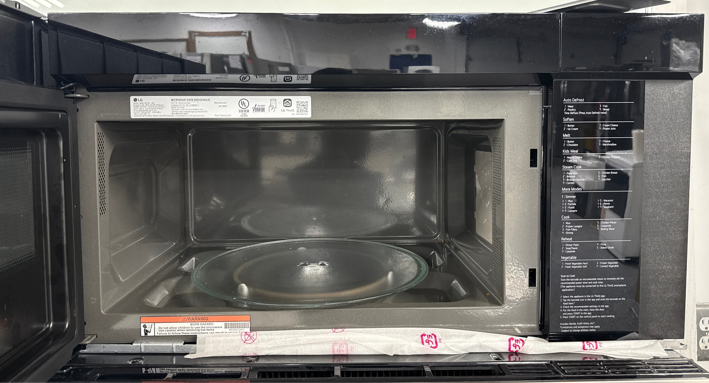 Modern stainless steel design of LG MVEL2033F microwave, discounted at Appliance Shark in Kansas City.