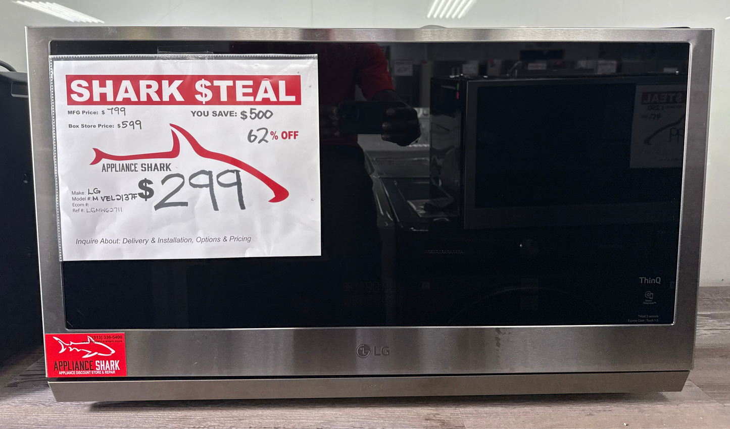 LG MVEL2137F smart over-the-range microwave in stainless steel, available at Appliance Shark as the best scratch and dent microwave deal in Kansas City.