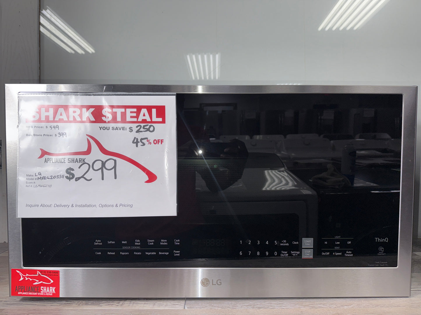 A sleek photo of the LG MVEL2137F over-the-range microwave in smudge-proof stainless steel, available at a discount in Kansas City.