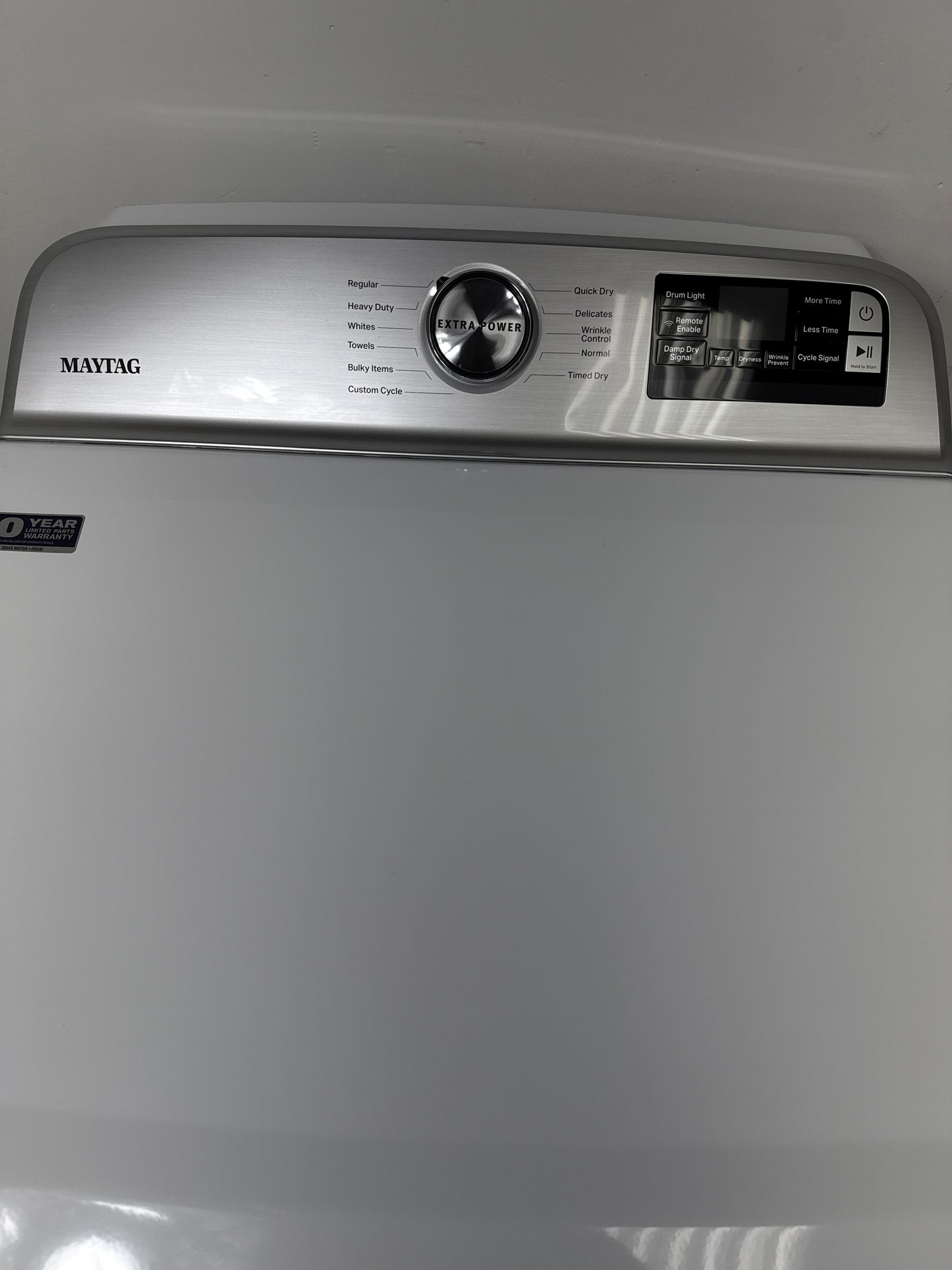A close-up of the control panel for the MAYTAG MED6230HW, showing the various cycles and Smart Capable options. Get this deal at Appliance Shark in Kansas City