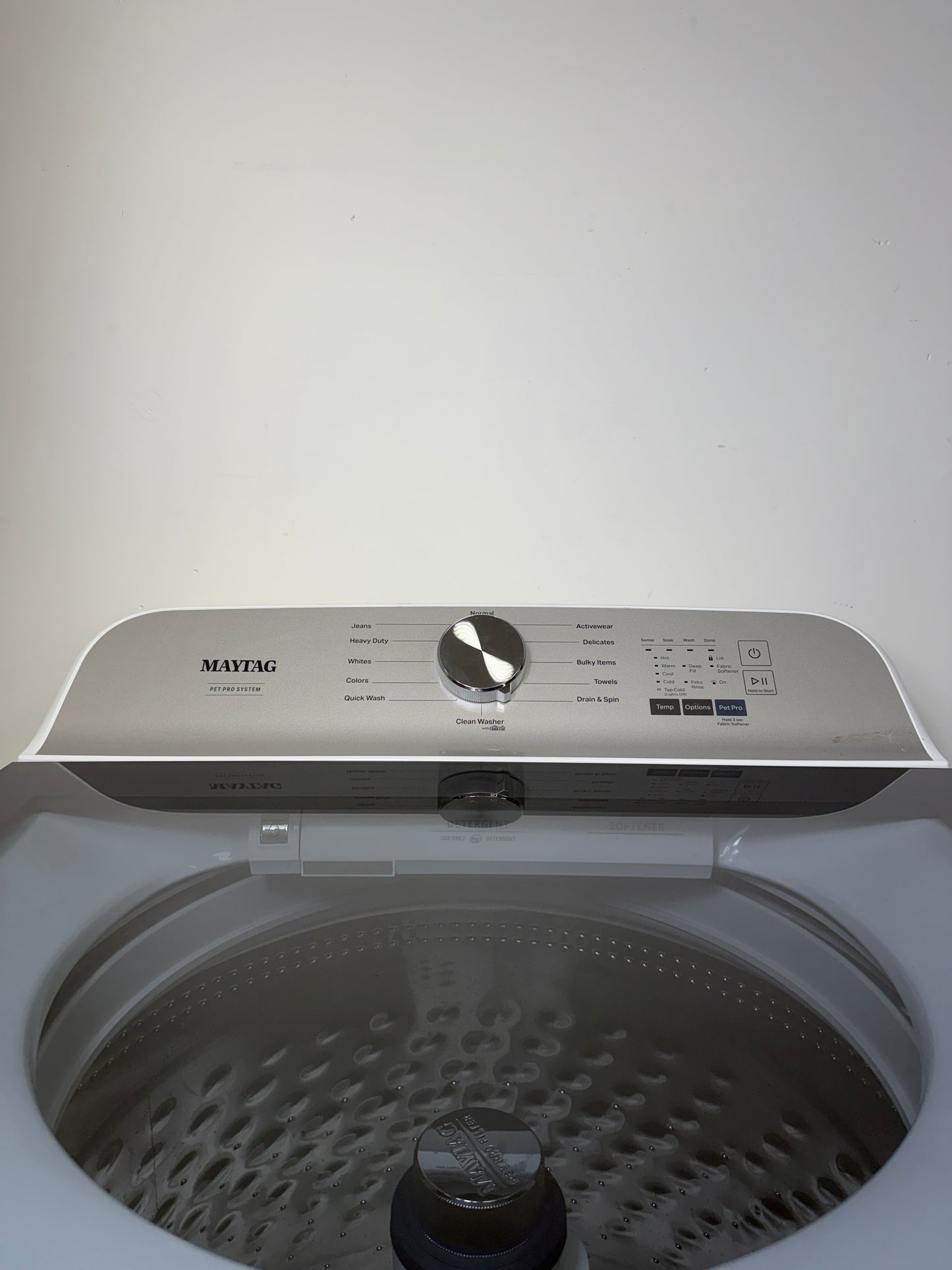 A detailed view of the digital control panel for the Maytag MVW6500MW, showing the various wash cycles and Extra Power button. On sale at Appliance Shark - Scratch & Dent store | Kansas City.