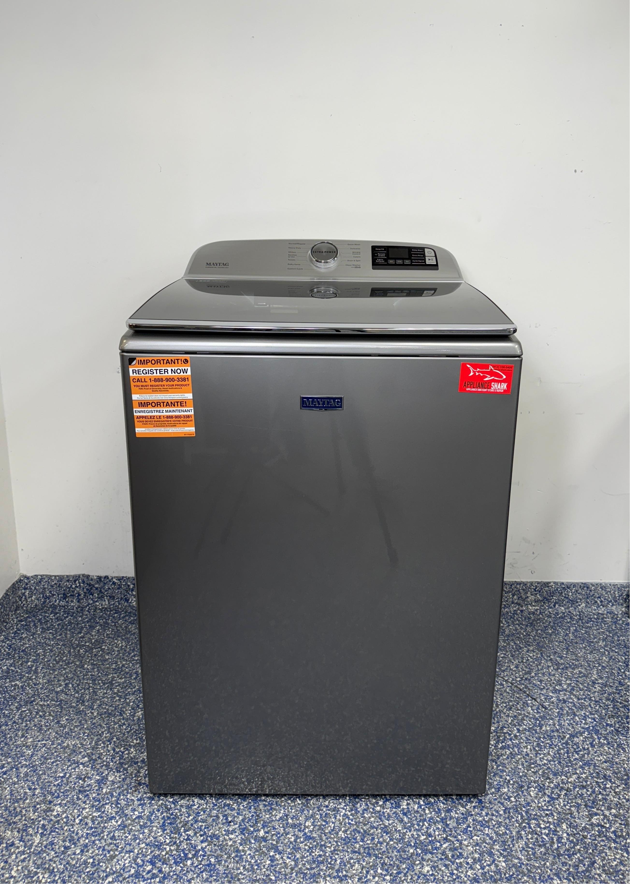 The MAYTAG MVW7230HC top load washer from the front, highlighting its Extra Power button and a great deal in Kansas.