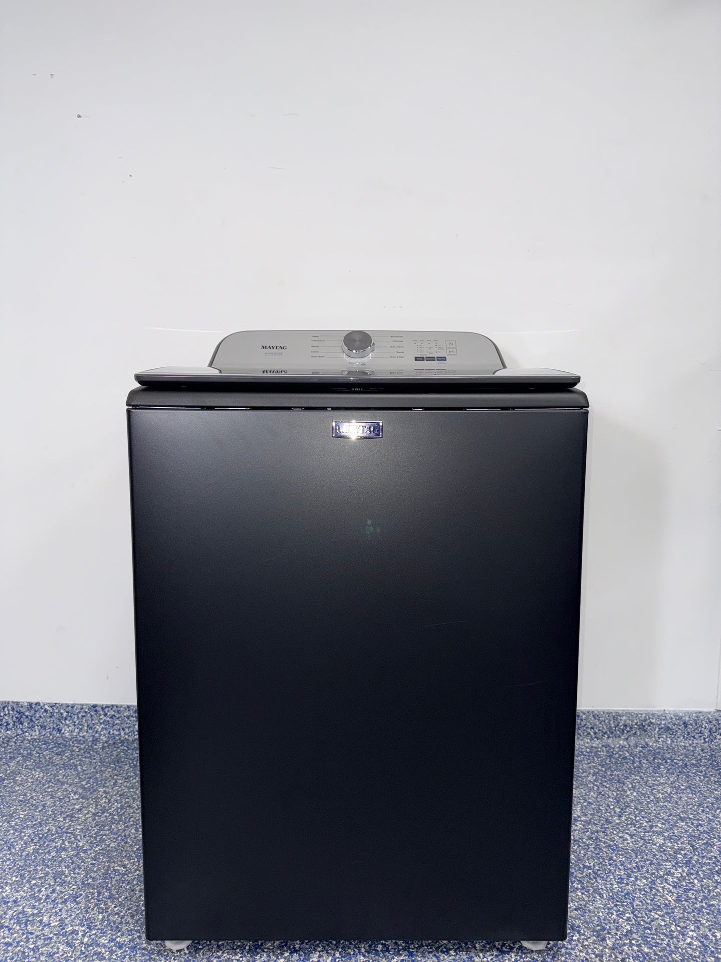 A close-up view of the control panel on the MAYTAG MVW6500MBK washer, showcasing its Advanced Vibration Control, perfect for an Overland Park, KS home.