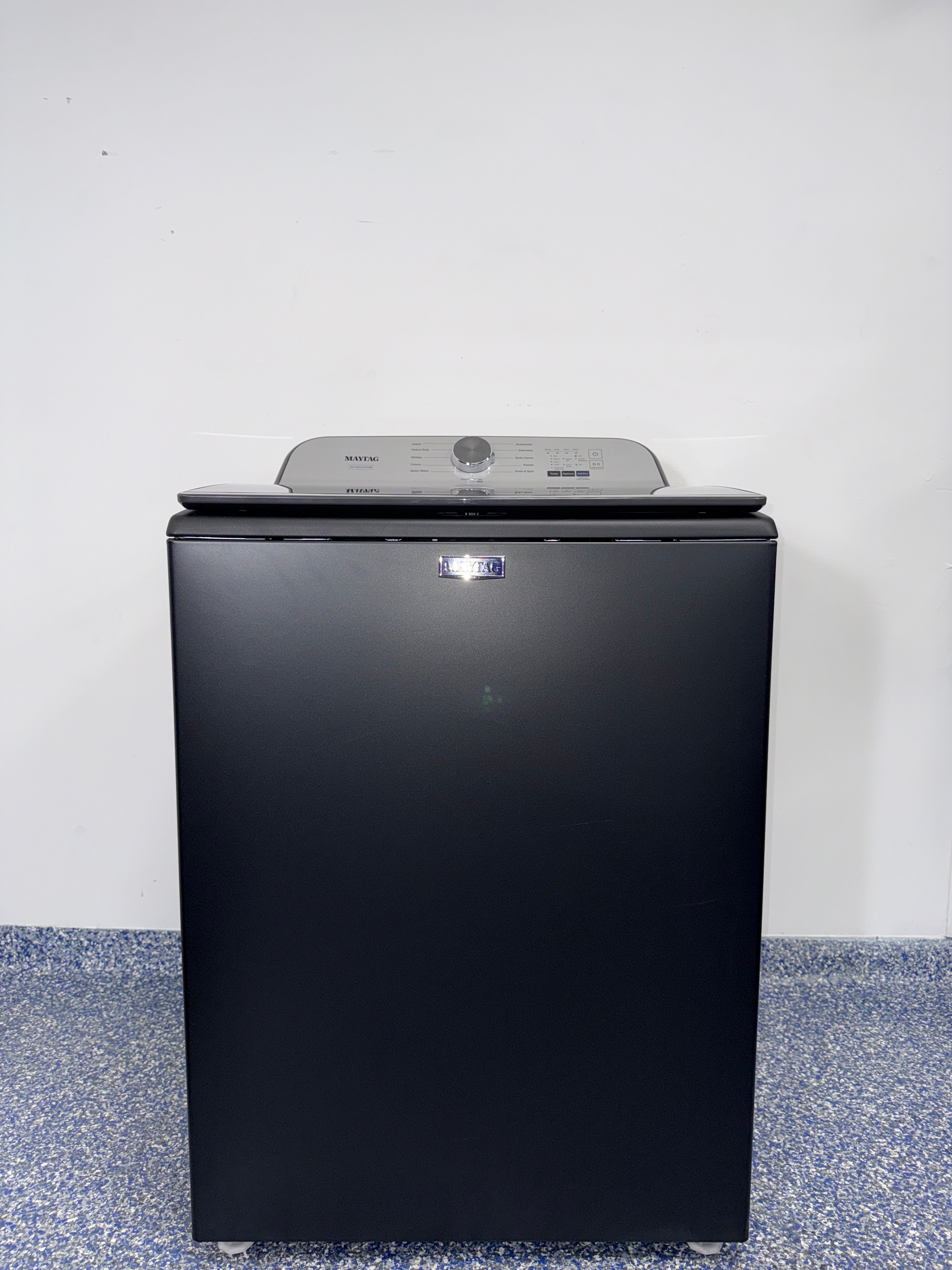 A close-up view of the control panel on the MAYTAG MVW6500MBK washer, showcasing its Advanced Vibration Control, perfect for an Overland Park, KS home.