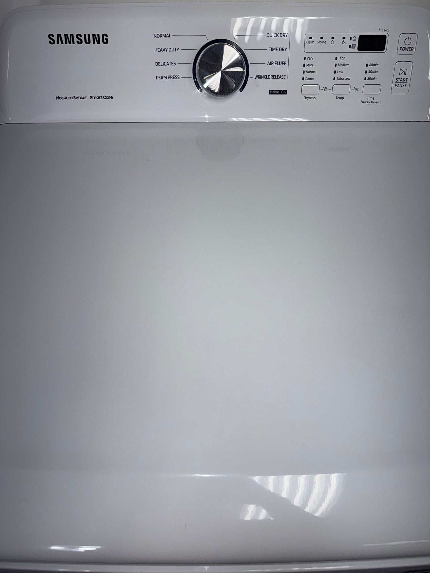 A close-up view of the control panel on the SAMSUNG DVE45T3200W dryer, showing its Lint Filter Indicator, an ideal appliance for homes in Overland Park, KS.