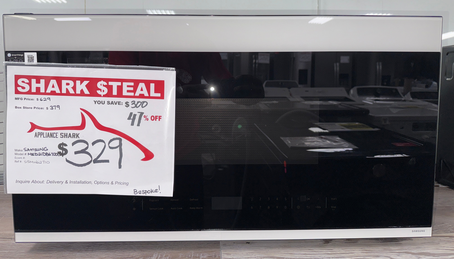 SAMSUNG ME21DB670012 Bespoke over-the-range microwave in stainless steel, available at Appliance Shark as the best scratch and dent microwave deal in Kansas City.