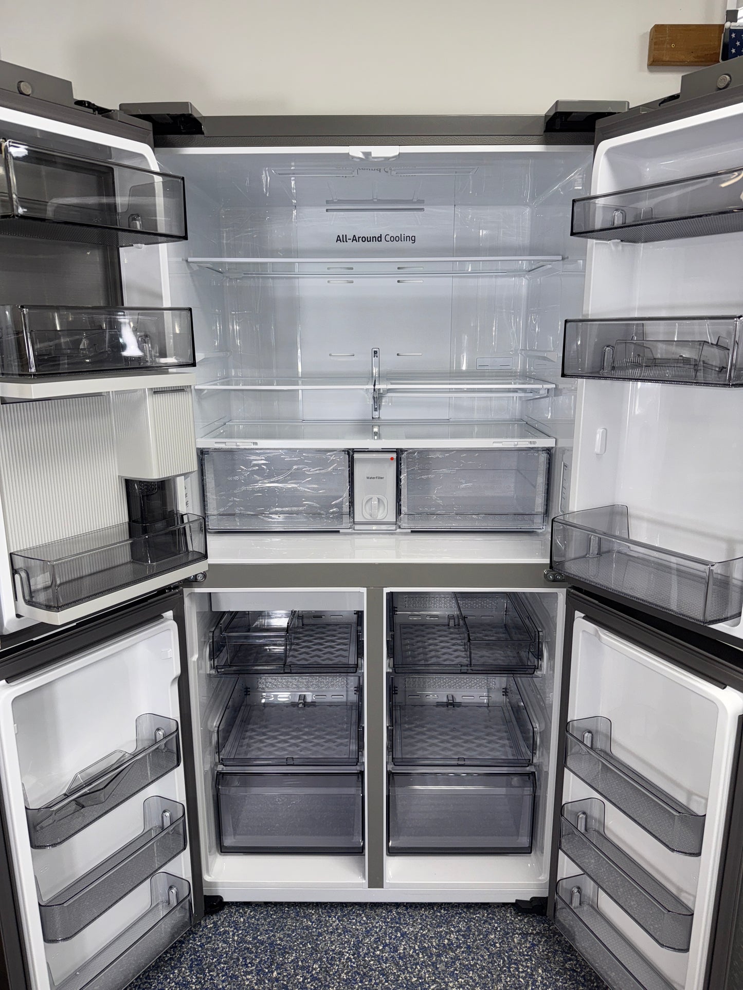 Stainless steel exterior finish of SAMSUNG RF23B7671SR French door refrigerator in Overland Park KS.