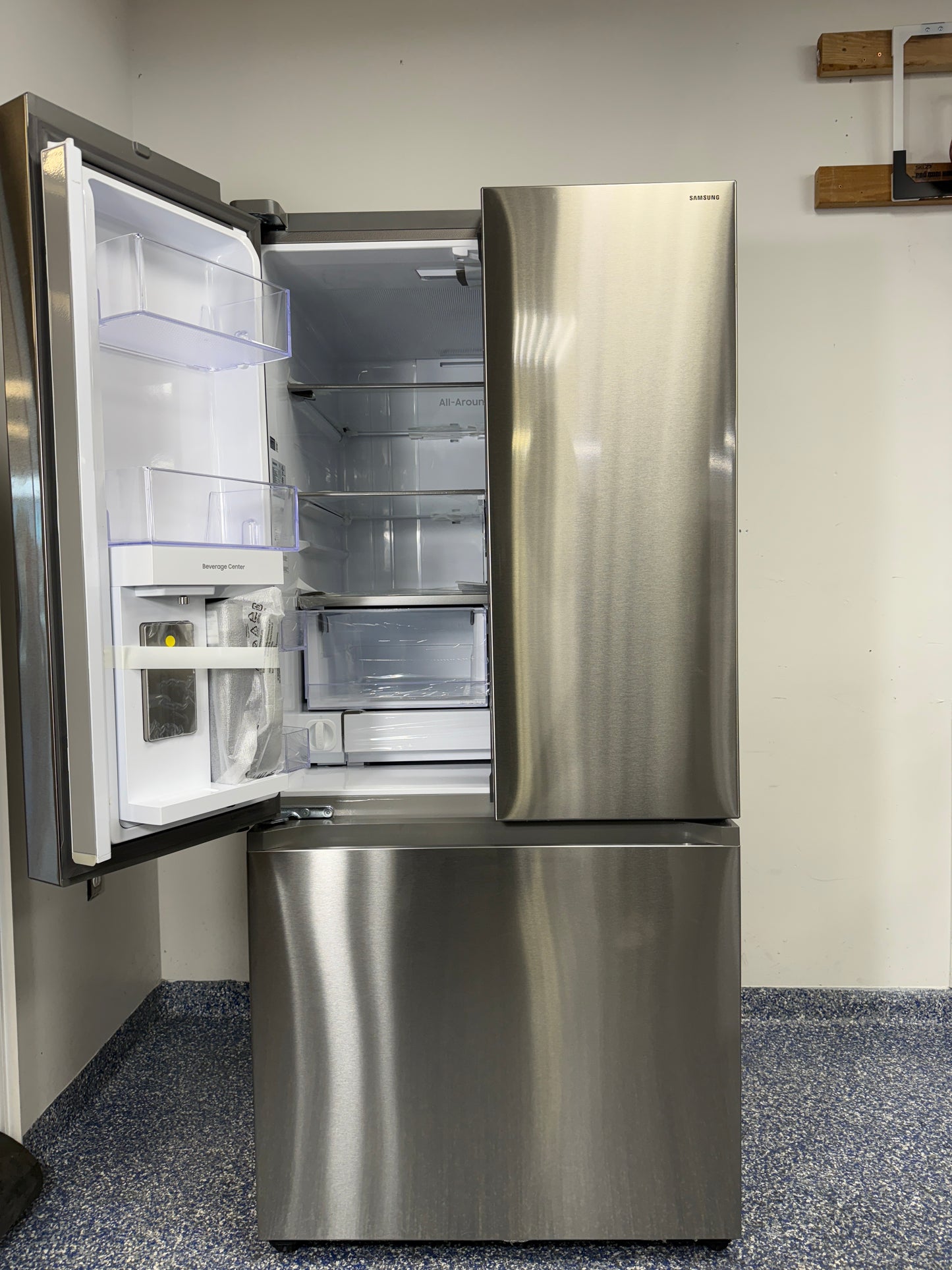 SAMSUNG RF25C5551SR refrigerator featuring the Beverage Center and AutoFill Pitcher, available as a scratch and dent deal in Kansas City.