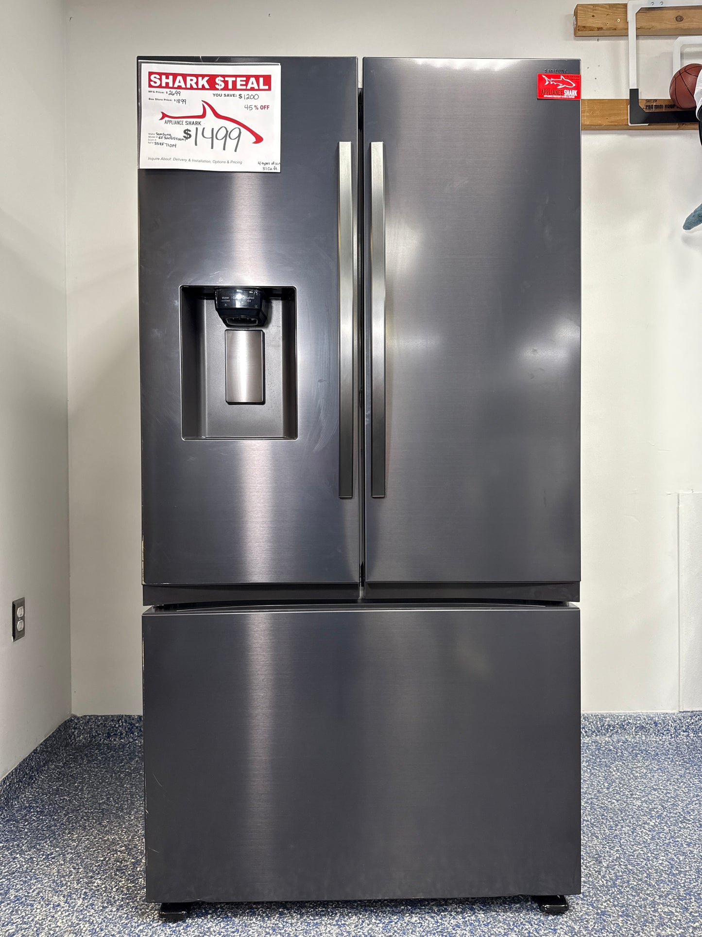 SAMSUNG RF32CG5400MT French door smart refrigerator in matte stainless steel, available at Appliance Shark as the best scratch and dent deal in Kansas City.