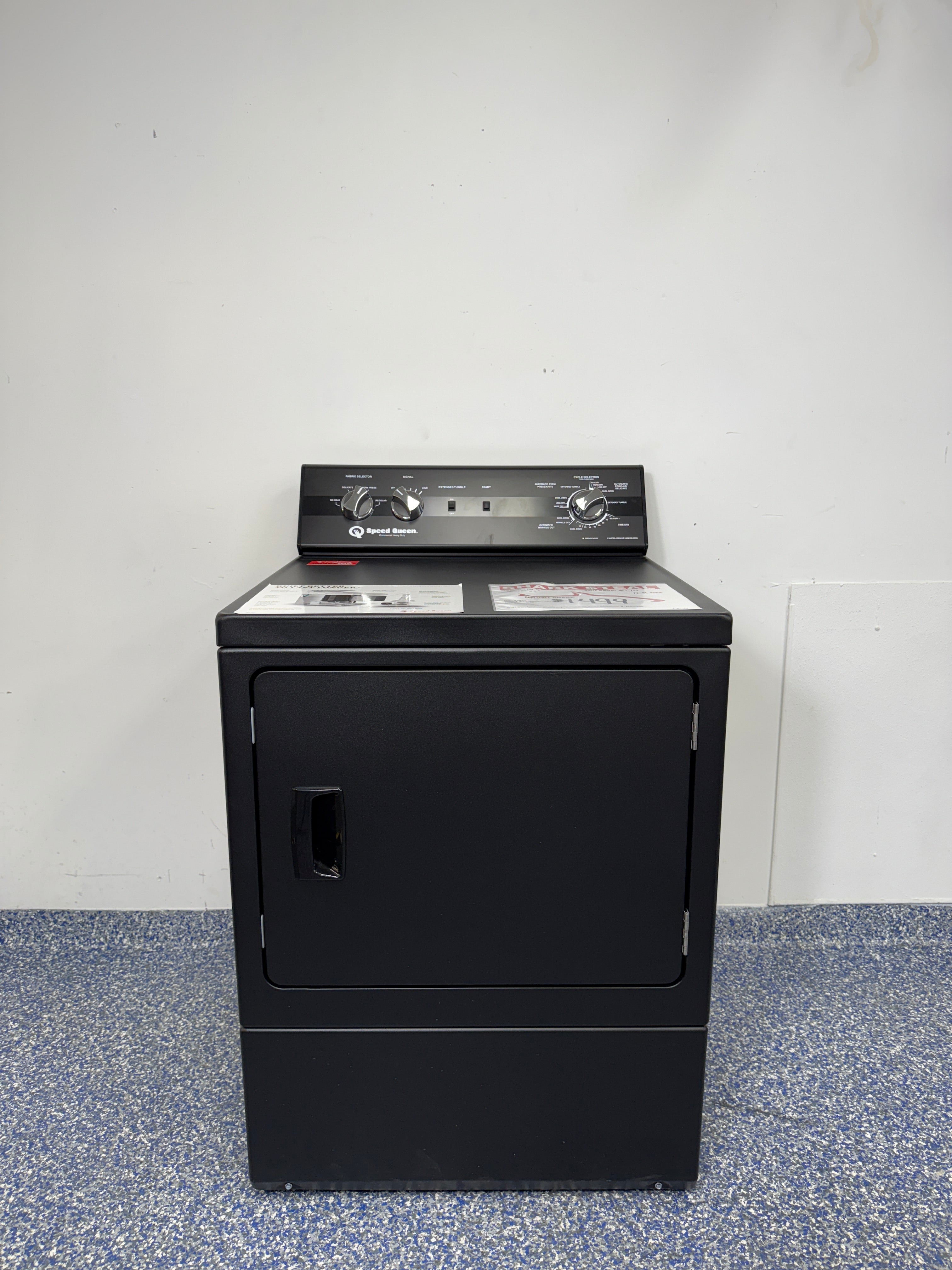 Speed Queen DC5 7.0 cu ft black front load dryer (DC5003BE) front view at Appliance Shark