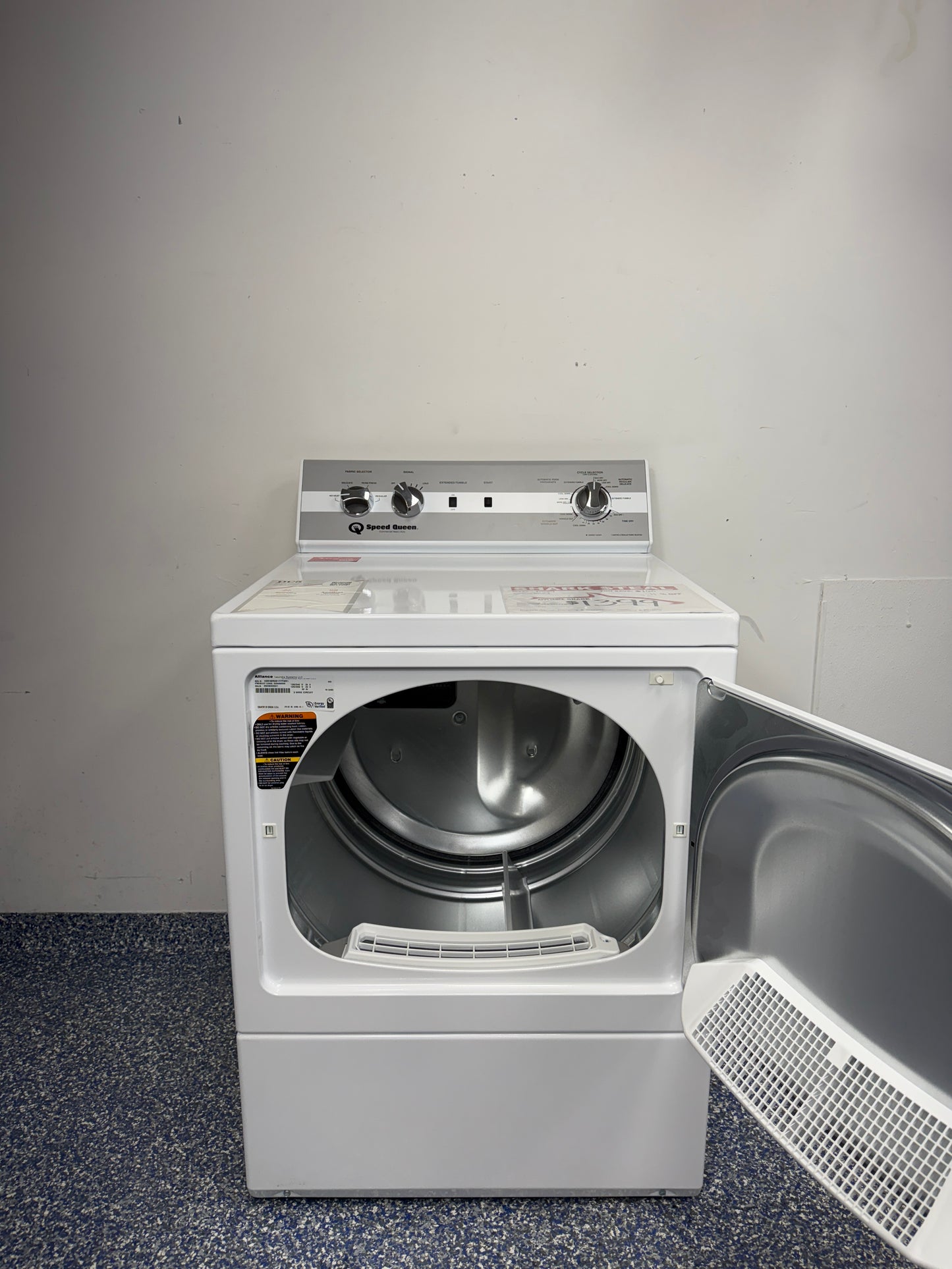 Speed Queen DC5 white front load dryer open door showing 7.0 cu ft drum (DC5003WE)