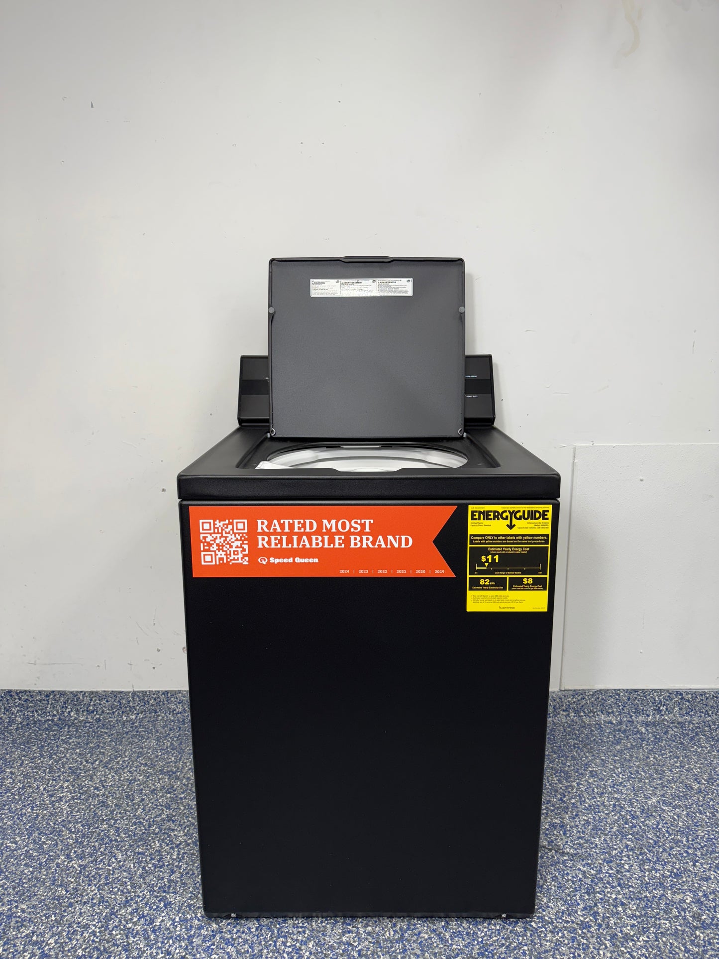 Speed Queen TC5 3.2 cu ft black top load washer (TC5003BN) front view with lid open
