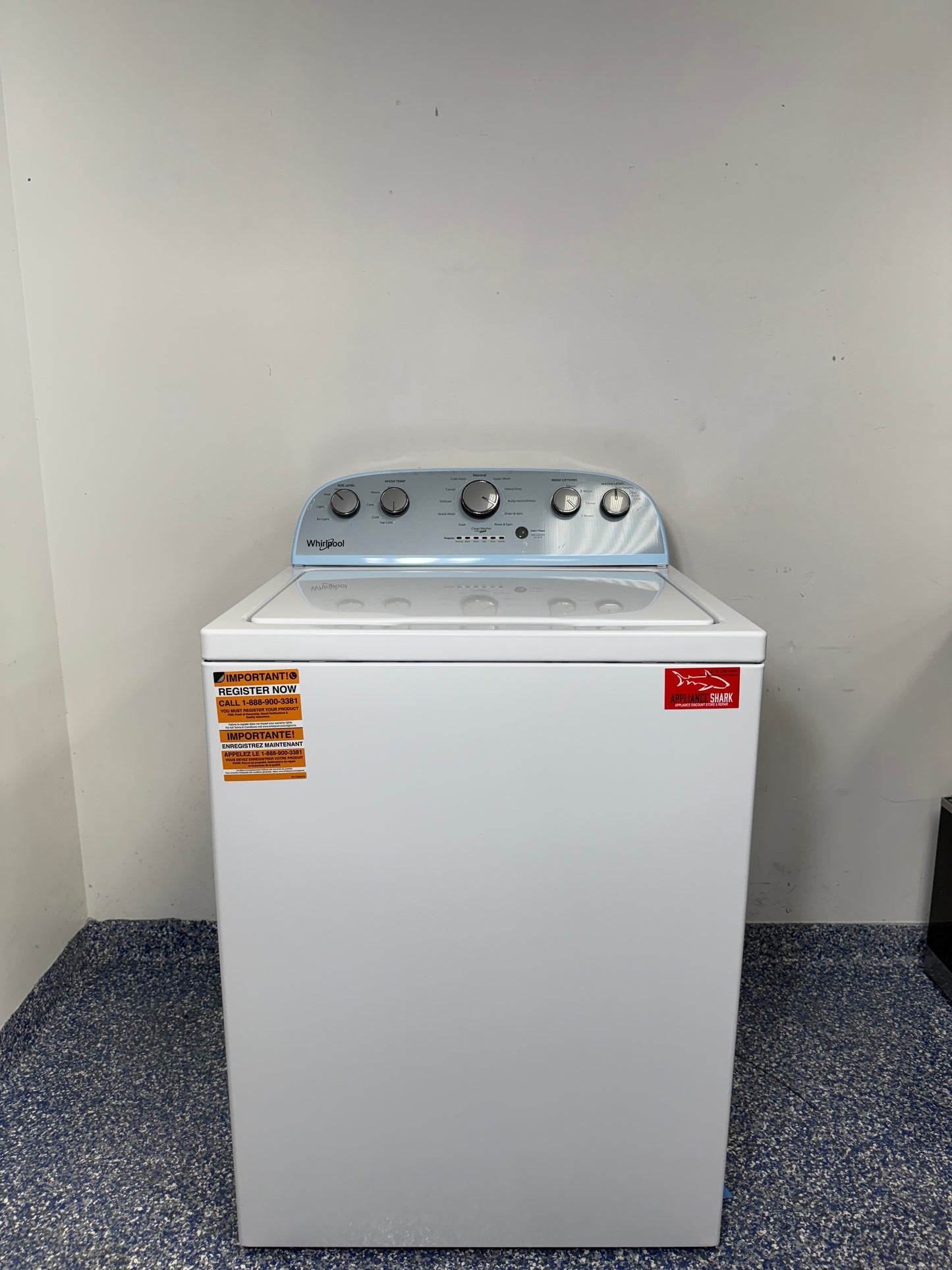 Front view of the Whirlpool WTW4816FW 3.5 cu ft Top Load Washer in white. On sale at Appliance Shark - Scratch & Dent store | Kansas City.