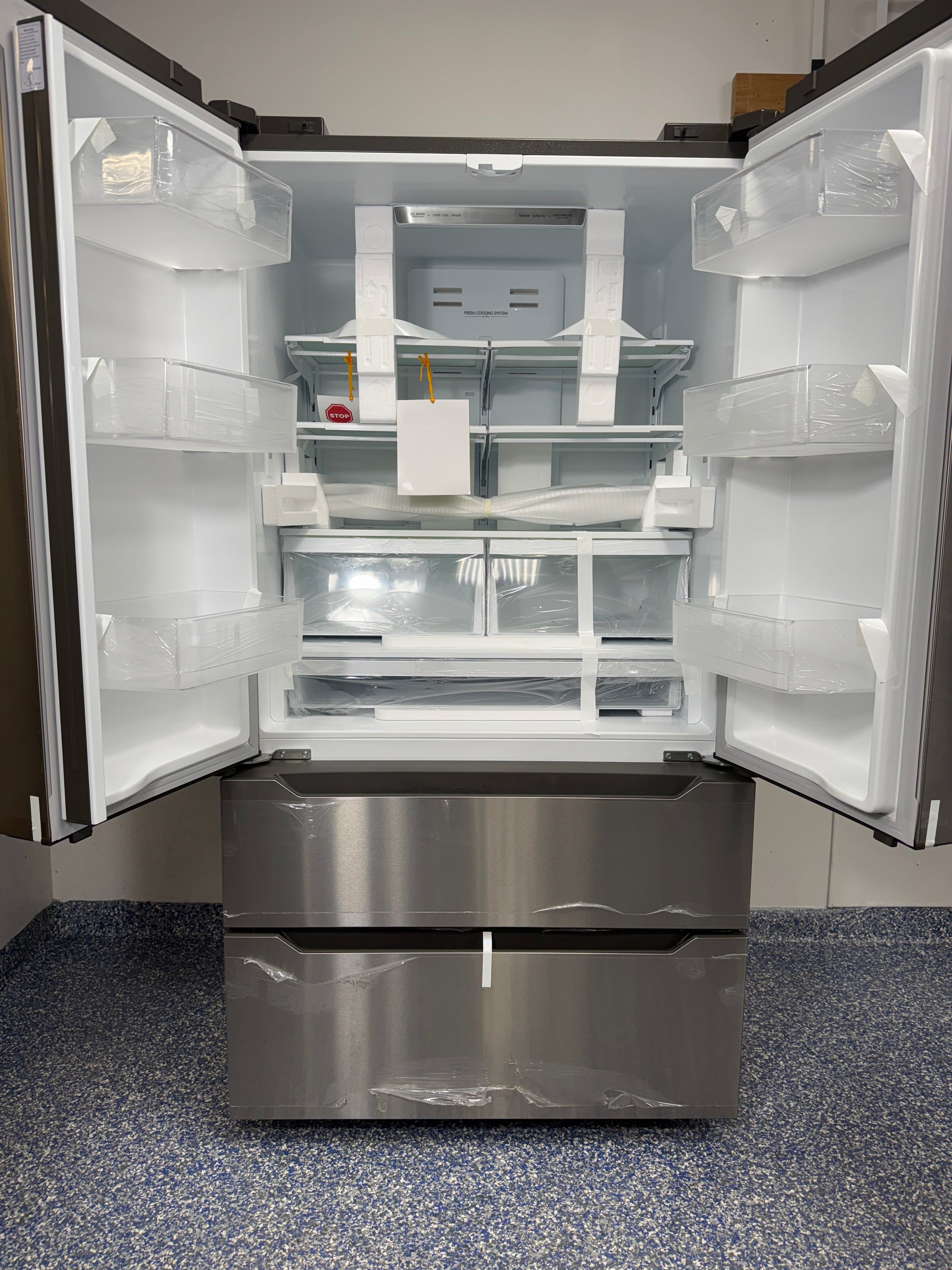 MRQ23B4AST | 22.5 Cu.Ft. MIDEA Counter Depth 4-Door French Door Refrigerator with Glass Shelves, Full Width Pantry Drawer, and Adjustable In-Door Storage at the Best Scratch and Dent Appliance Store in Kansas City Area