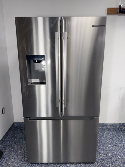Front view of the BOSCH B36FD31ENS 800 Series French-door refrigerator in stainless steel, available in Overland Park, KS.