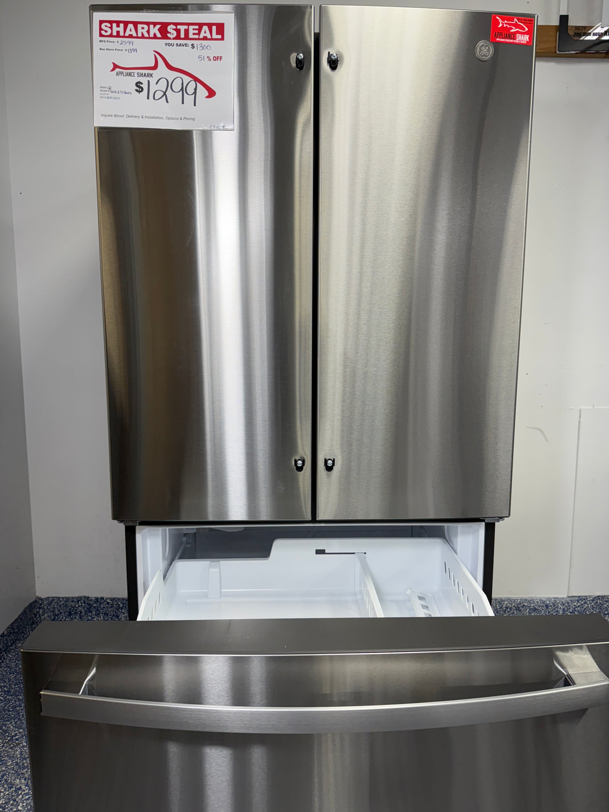 GNE27JYMXFS | 27.0 Cu.Ft. GE French Door Refrigerator with Icemaker, Adaptive Defrost, and Turbo Cool & Turbo Freeze at the Best Scratch and Dent Appliance Store n Overland Park, Johnson County, Kansas