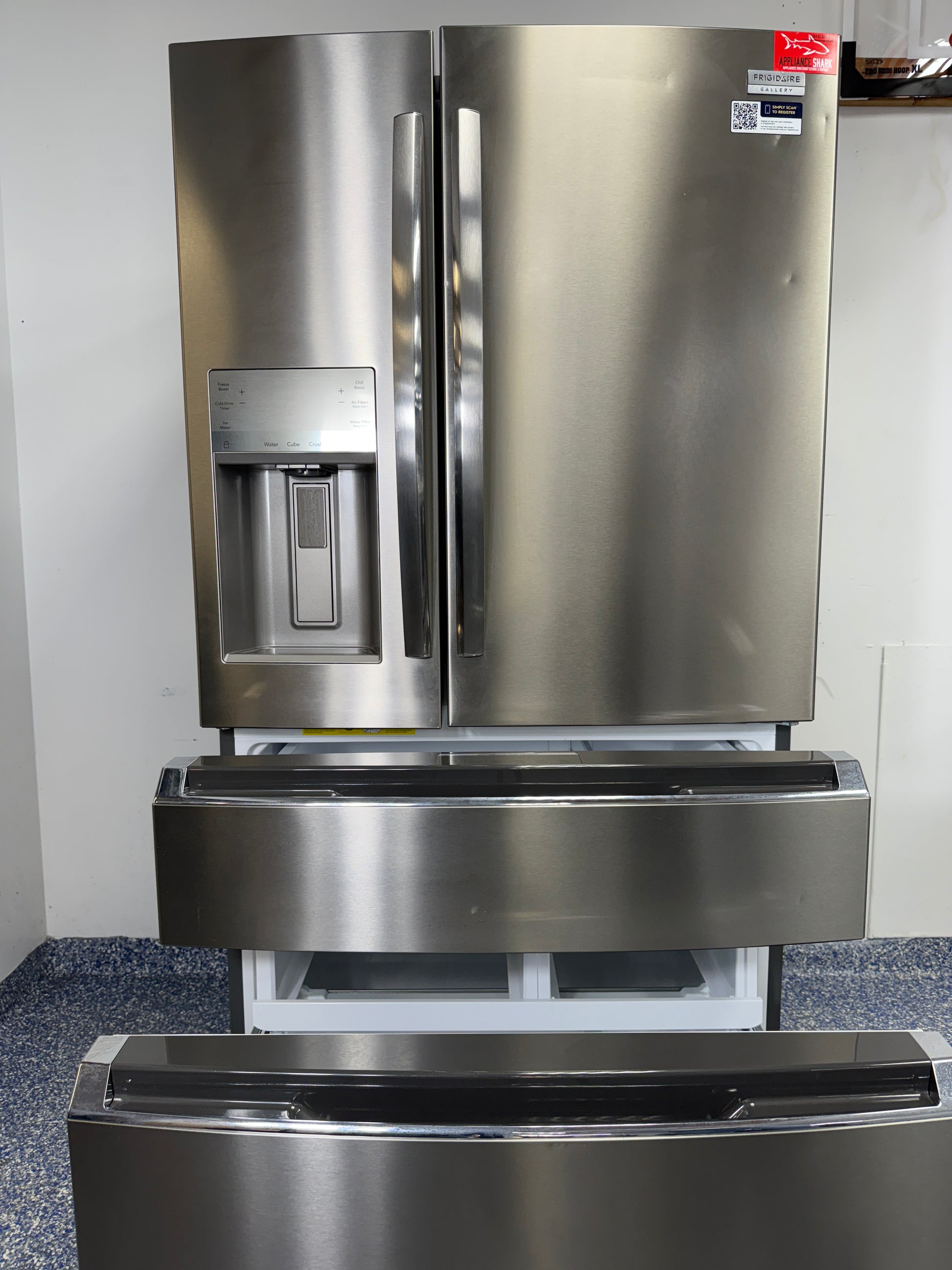 GRMS2773AF | 26.3 Cu.Ft. FRIGIDAIRE Gallery 4-Door French Door Refrigerator with Custom-flex Temp Drawer, Purepour Water Filter, and Ice Maker at Appliance Shark Scratch and Dent Store in Overland Park, Kansas