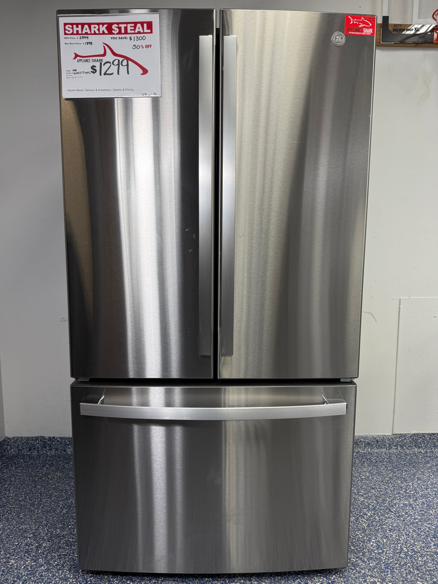 GNE27JYMXFS | 27.0 Cu.Ft. GE French Door Refrigerator with LED Interior Lighting, Icemaker, and Turbo Cool & Freeze Settings at the Best Scratch and Dent Appliance Store in Kansas City Metro