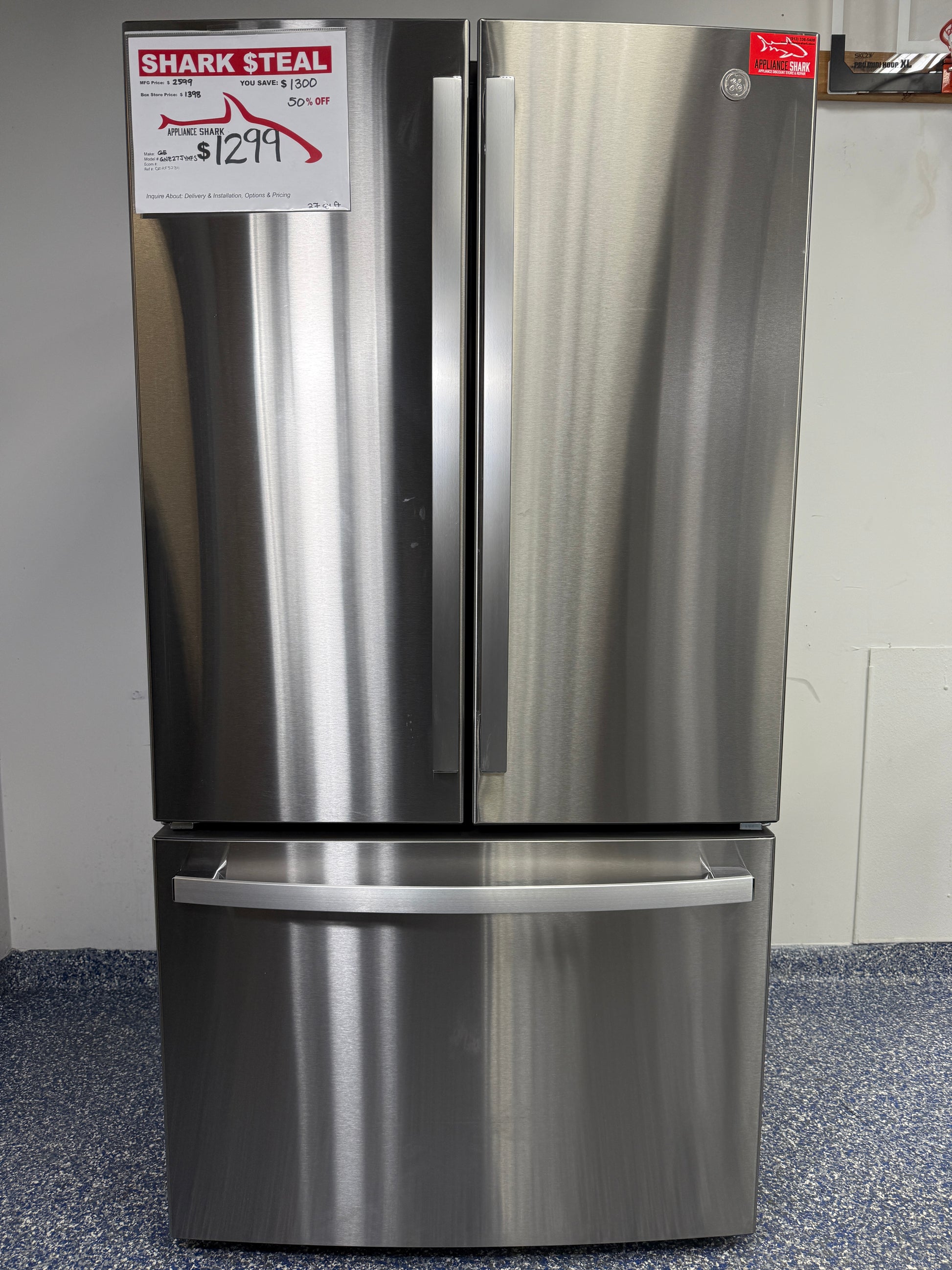 GNE27JYMXFS | 27.0 Cu.Ft. GE French Door Refrigerator with LED Interior Lighting, Icemaker, and Turbo Cool & Freeze Settings at the Best Scratch and Dent Appliance Store in Kansas City Metro