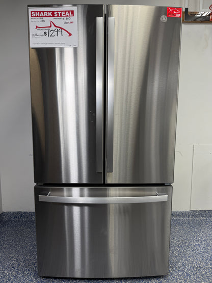 GNE27JYMXFS | 27.0 Cu.Ft. GE French Door Refrigerator with LED Interior Lighting, Icemaker, and Turbo Cool & Freeze Settings at the Best Scratch and Dent Appliance Store in Kansas City Metro