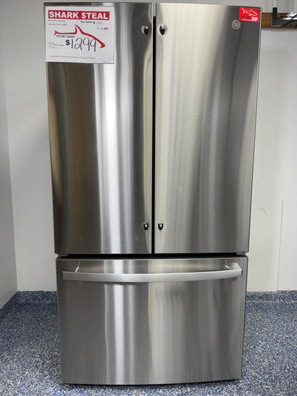 27.0 Cu.Ft. GE French Door Refrigerator with Internal Water Dispenser, Adaptive Defrost, Turbo Cool & Turbo Freeze, and Quick Space Shelf at the Best Scratch and Dent Appliance Store in KC Metro