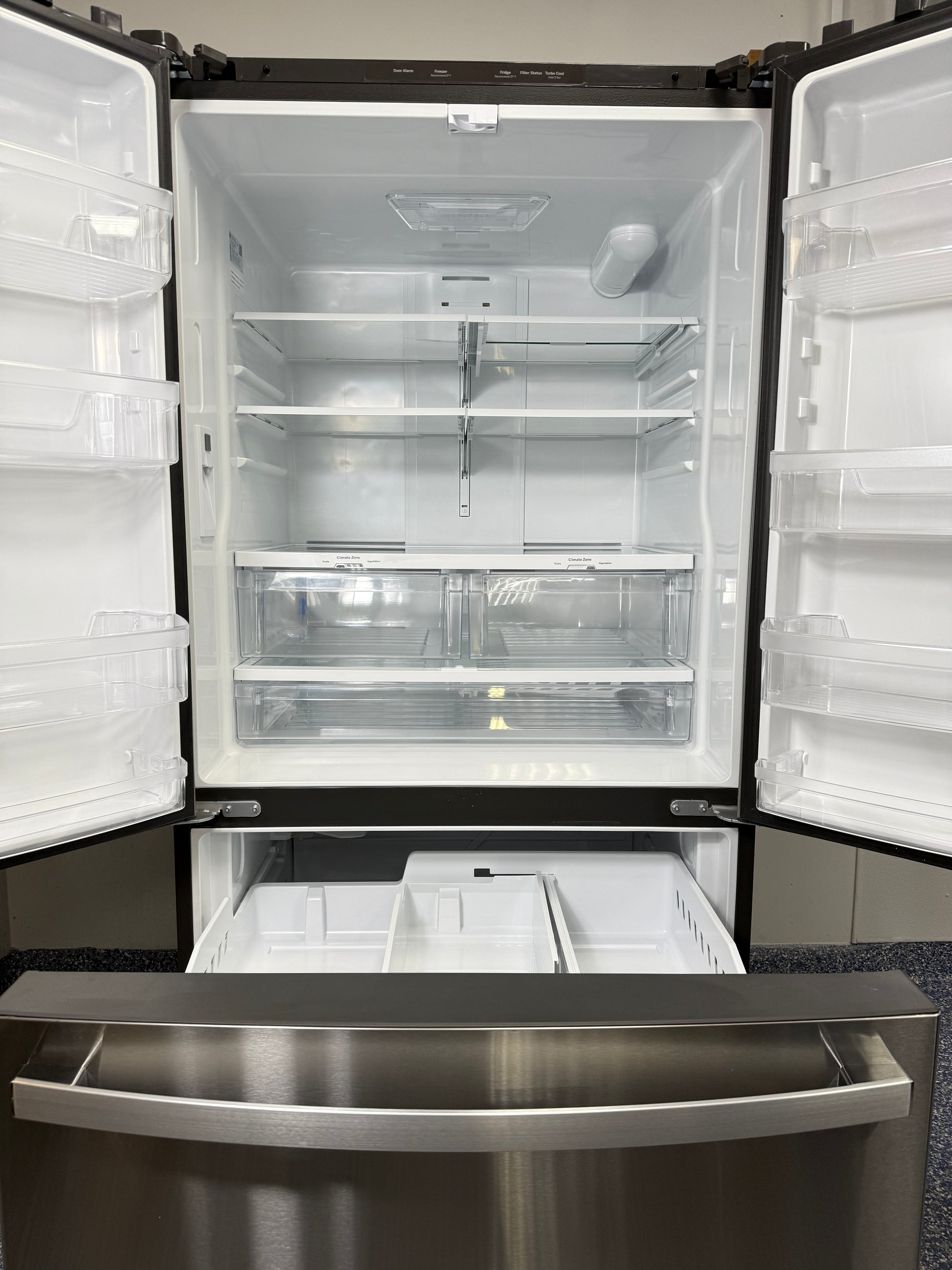 27.0 Cu.Ft. GE French Door Refrigerator with Water Filtration System, Turbo Cool & Freeze Settings, and LED Lighting at Appliance Shark Discount Store in Overland Park, Kansas