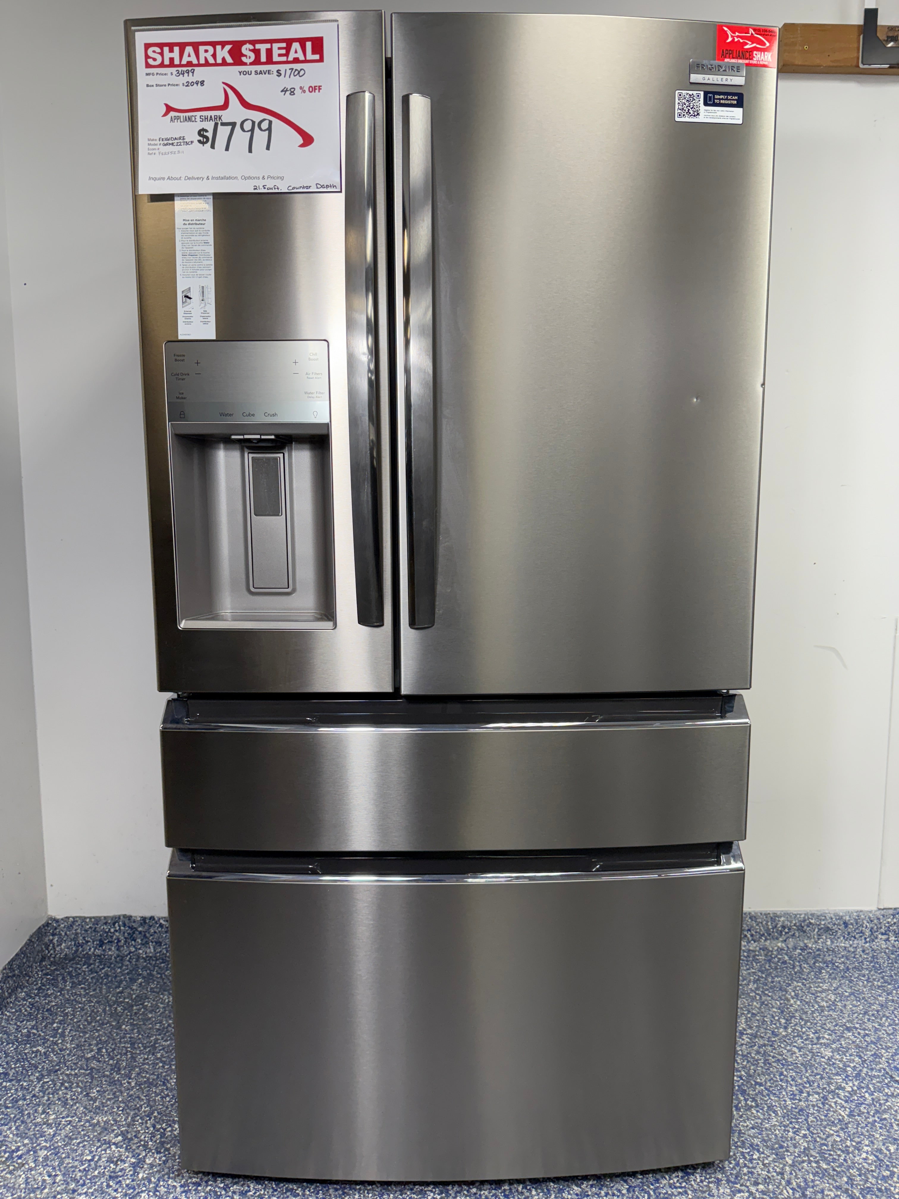 GRMC2273CF | 21.5 Cu.Ft. FRIGIDAIRE Gallery 4-Door French Door Refrigerator with Custom-Flex Temp Drawer, External Dispenser, Counter-Depth Design, LED Lighting, and Fingerprint Resistant Finish at the Best Discount Appliance Store in KC Metro