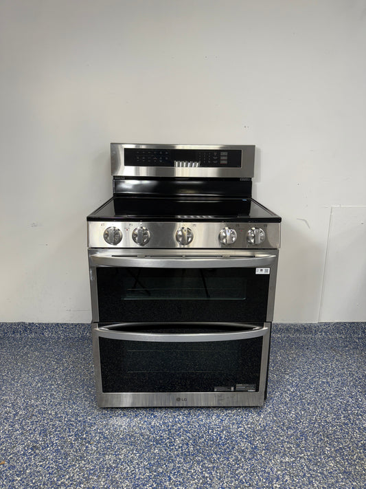 7.3 Cu.Ft. LG Electric Freestanding Range with ThinQ App, Air Sous Vide, InstaView Window, Self Clean, Hidden Bake Element, and Scan-to-Cook Feature at Appliance Shark Discount Appliance Store in Overland Park, Kansas