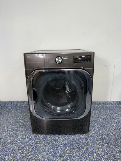 9 Cu.Ft. LG Electric Dryer with MEGA Capacity, 12 Cycles, Stainless Steel Drum, Reversible Door, FlowSense Duct Clogging and Lint Filter, and LoDecibel Quiet Operation at Appliance Shark Discount Appliance Store in Overland Park, Johnson County, Kansas