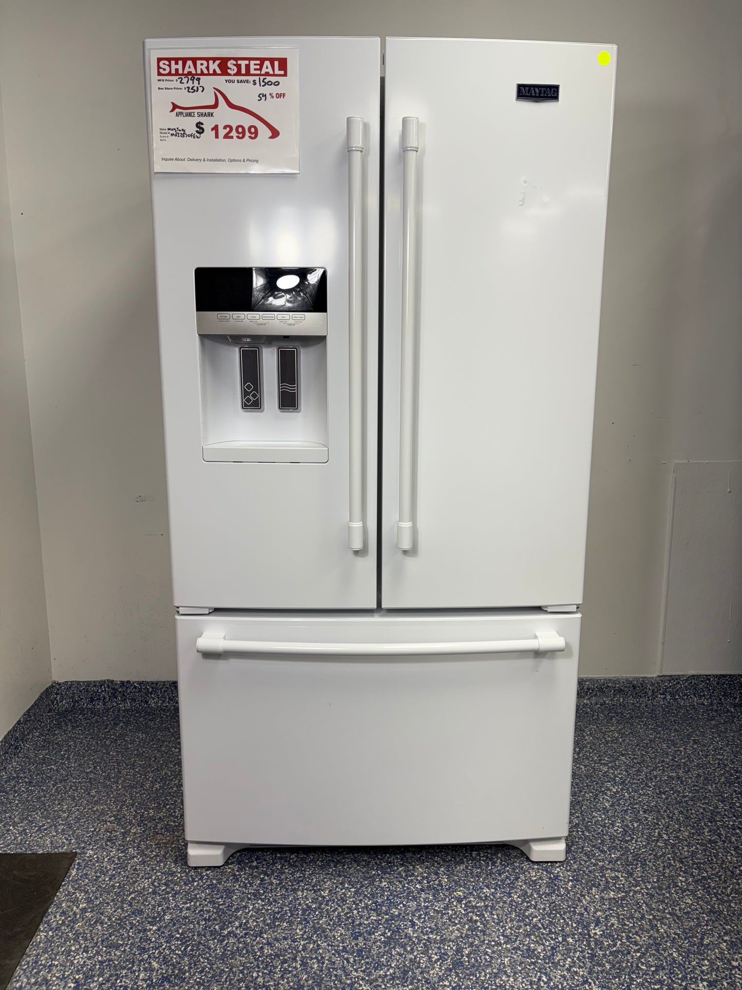 White Maytag French Door Refrigerator with Bottom Freezer at Appliance Shark in Overland Park, KS