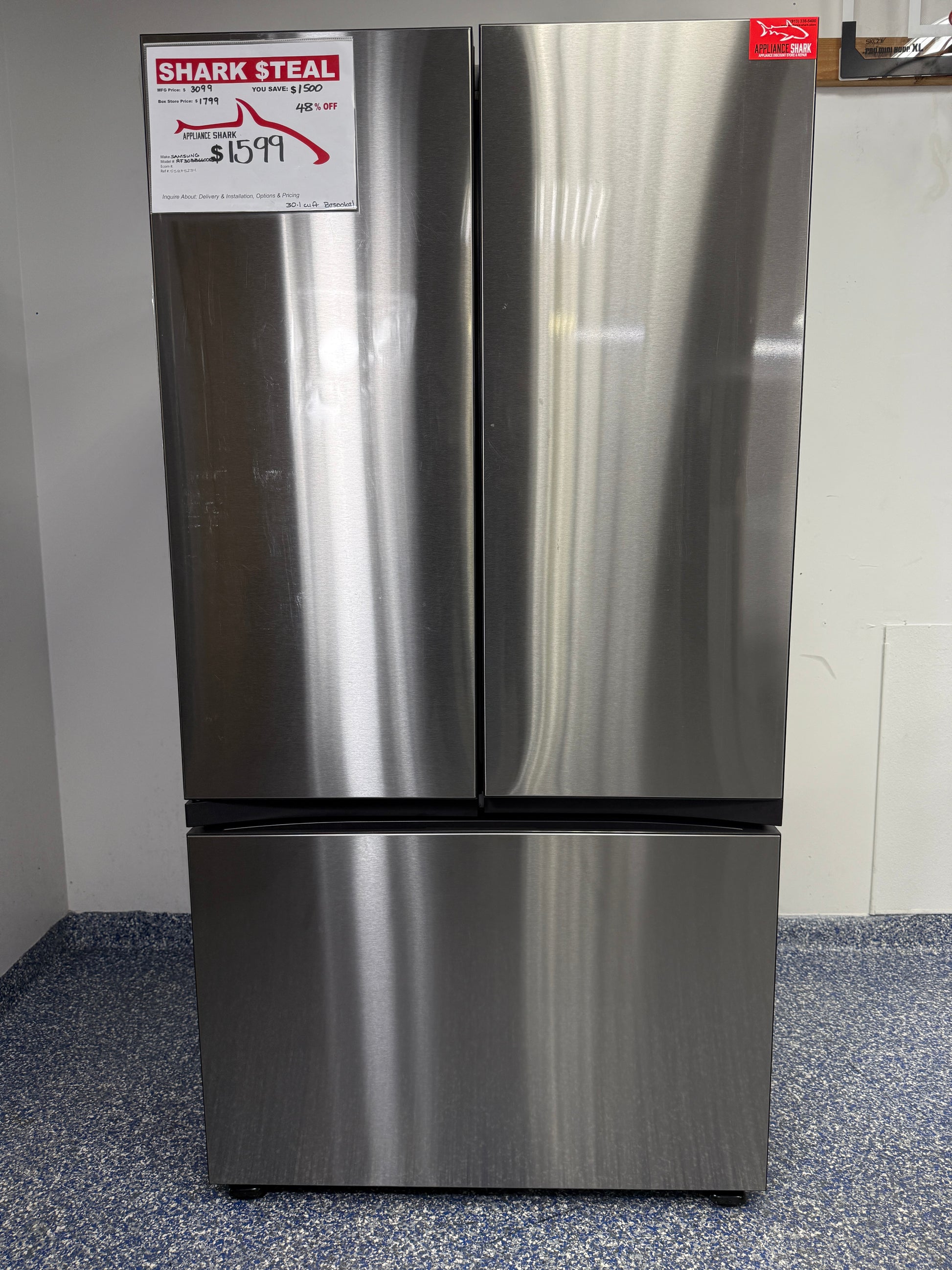 RF30BB6600QL | 30 Cu.Ft. SAMSUNG Bespoke French Door Smart Refrigerator with Fingerprint Resistant Exterior, Extra Large Capacity, and SmartThings Technology at Appliance Shark Discount Store in Overland Park, Kansas