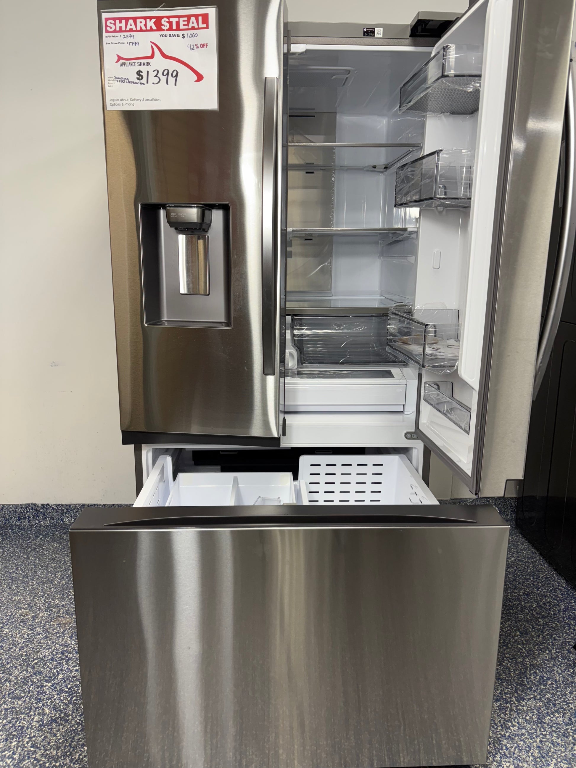 Samsung refrigerator with 4 ice types and wi-fi connectivity at Appliance Shark in Kansas City