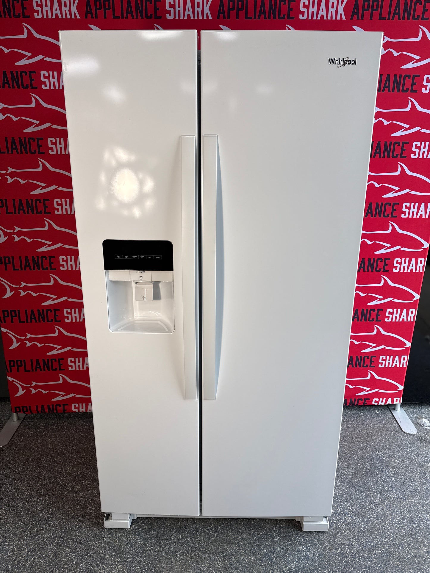 Scratch-dent WHIRLPOOL side-by-side refrigerator at Appliance Shark. Kansas City’s best refrigerator store.