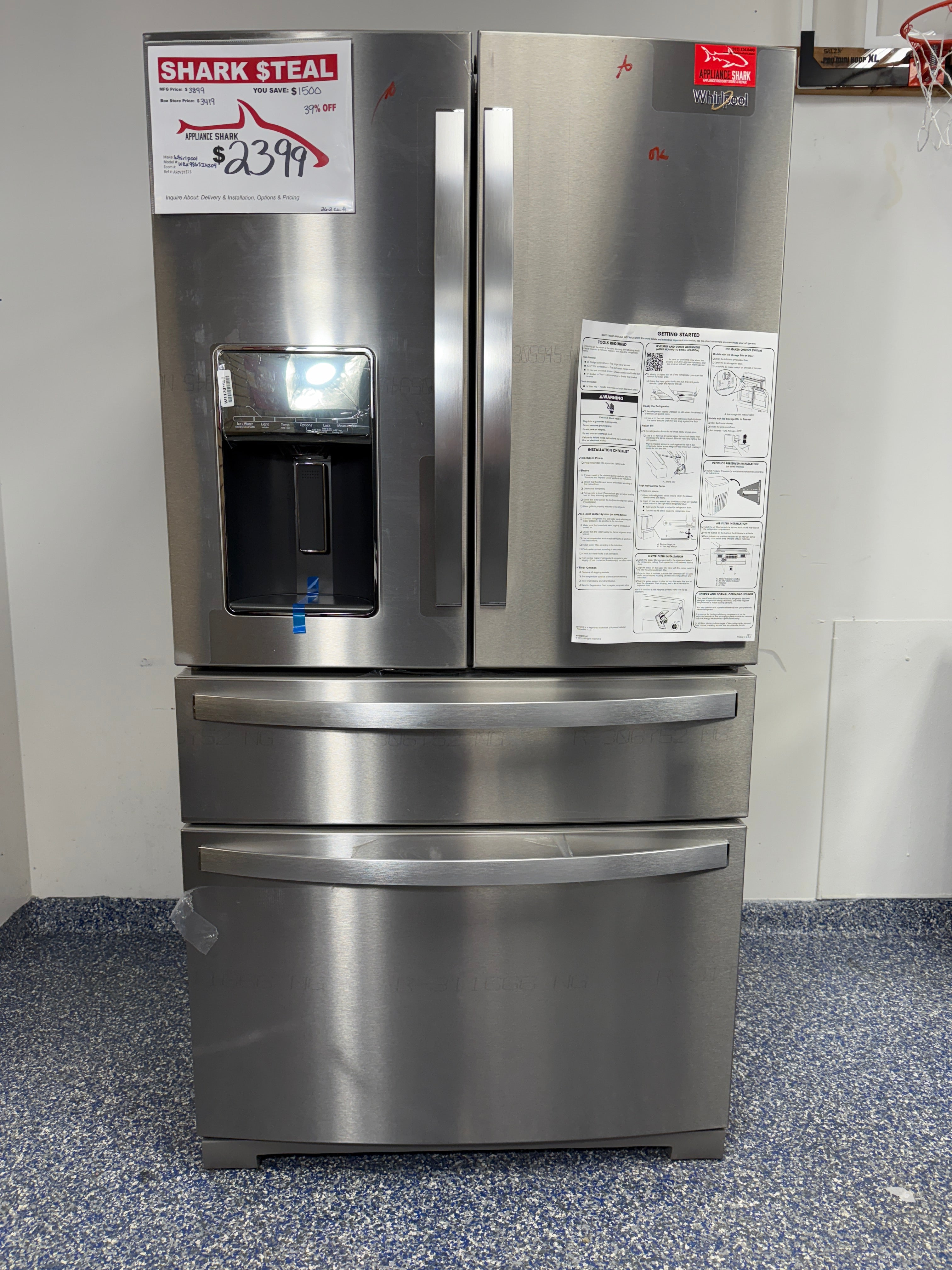 26.2 Cu.Ft. This WHIRLPOOL 4-Door French Door Refrigerator with External Dispenser, Measured Fill Feature, and  Fingerprint Resistant Exterior at Appliance Shark Discount Appliance Store in Overland Park, Kansas