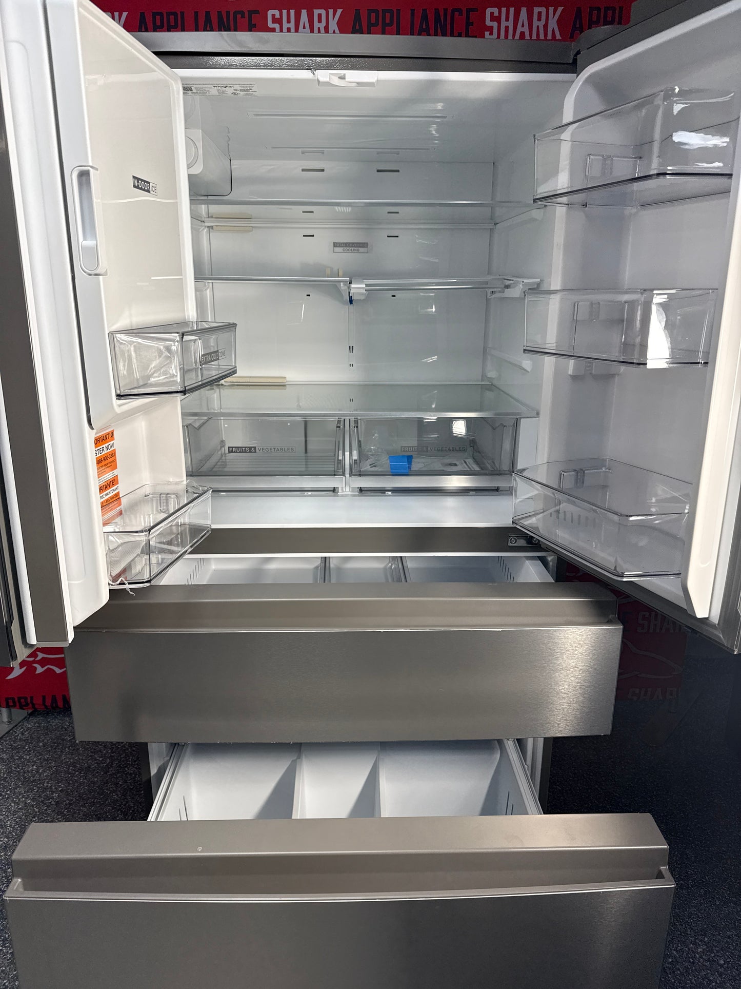 Scratch-dent Whirlpool French door refrigerator at Appliance Shark. Kansas City's best scratch-dent appliance store.