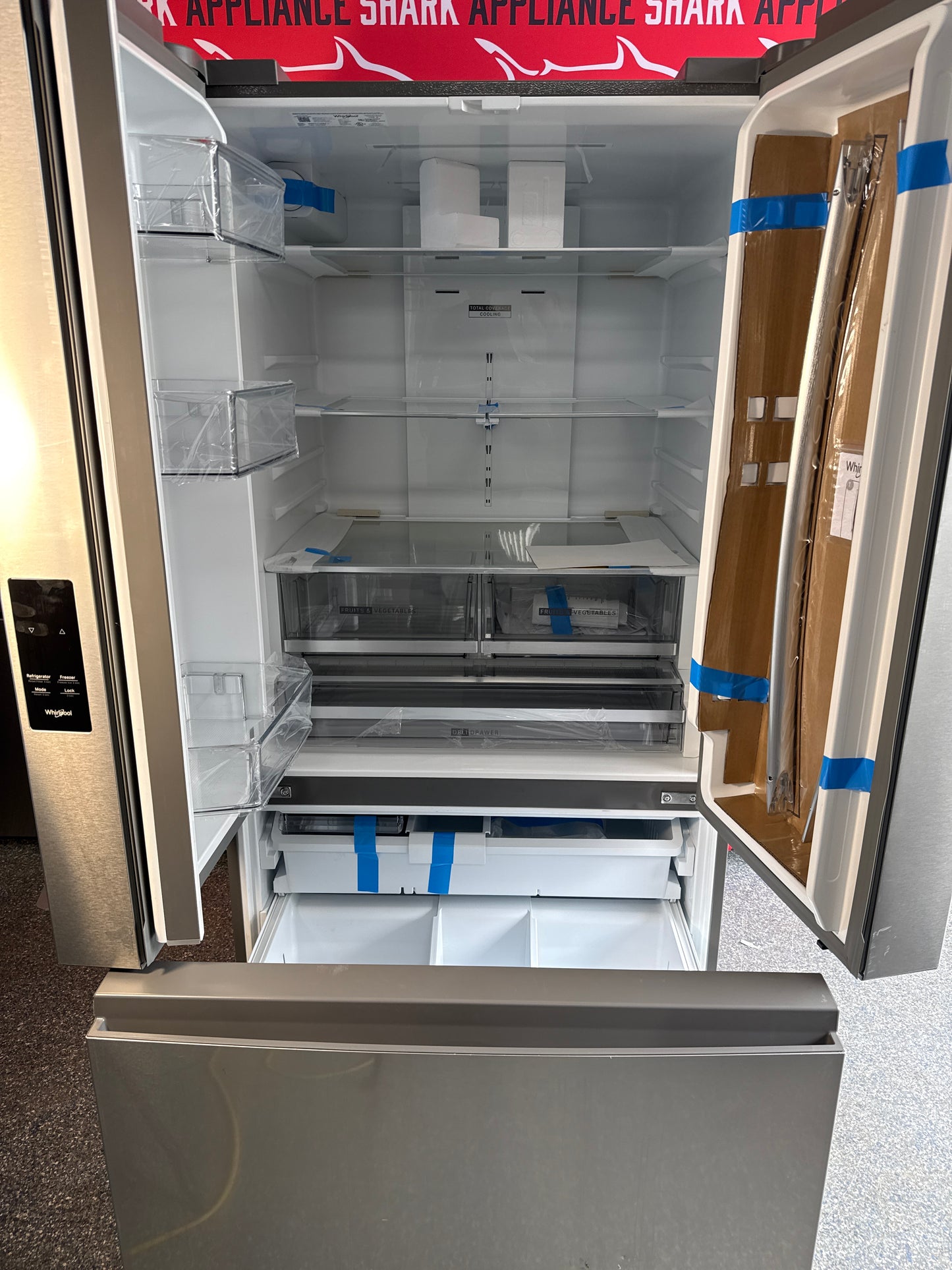 Scratch-dent WHIRLPOOL French door refrigerator at Appliance Shark. Kansas City’s best appliance store.