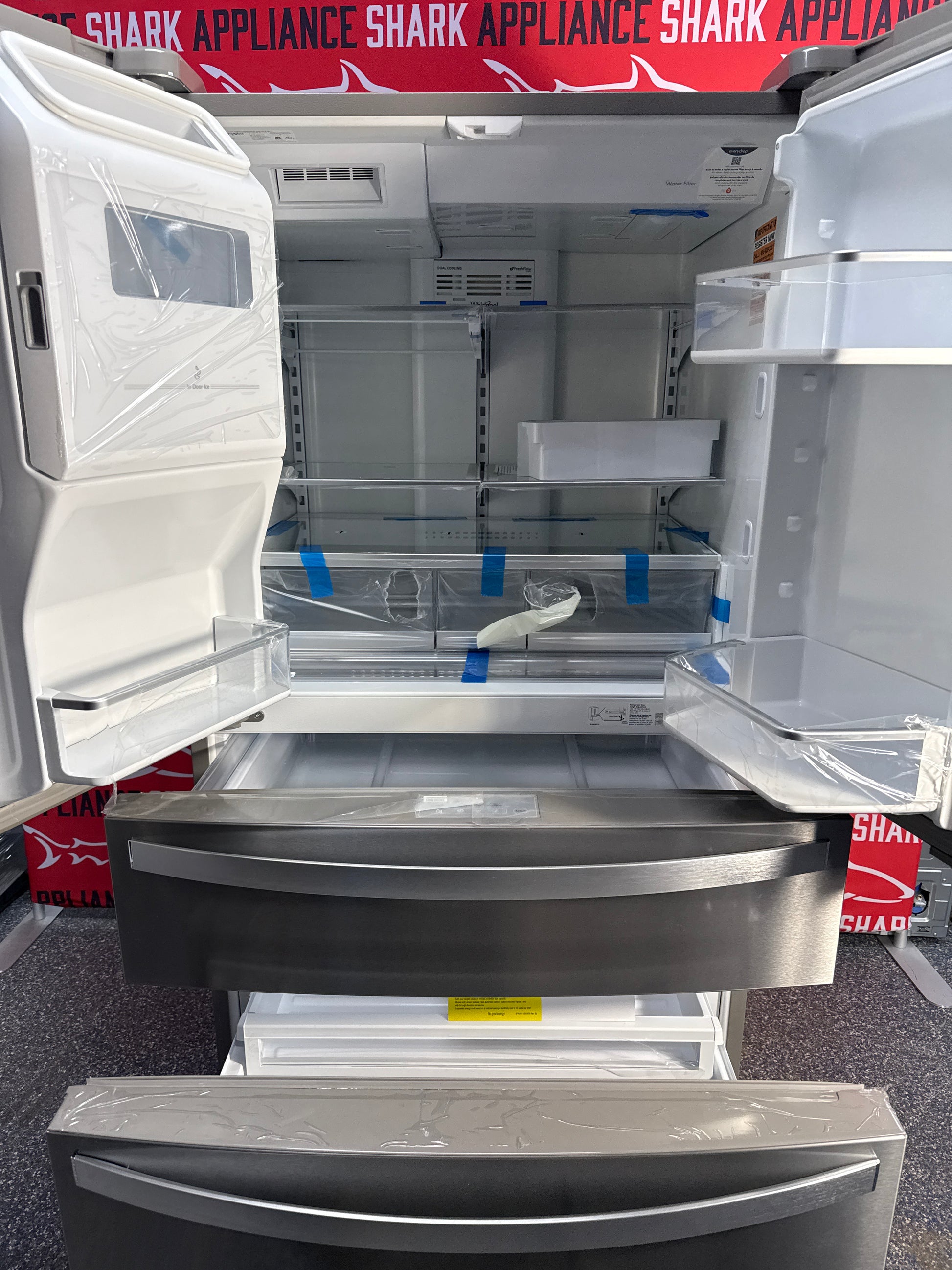 Scratch-dent WHIRLPOOL French door refrigerator at Appliance Shark. Kansas City’s best appliance store.