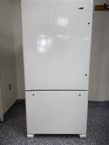 A full frontal image of the AMANA ABB2224BRW bottom freezer refrigerator, highlighting its clean white finish and bar handles. On sale at Appliance Shark - Scratch & Dent store | Kansas City.