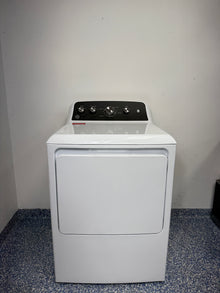 A full frontal image of the GE GTD48EASWWB front-load electric dryer, highlighting its clean white finish and control panel. On sale at Appliance Shark - Scratch & Dent store | Kansas City.