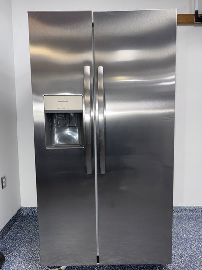 Front view of the FRIGIDAIRE FRSS26L3AF side-by-side refrigerator in stainless steel, available in Overland Park, KS.