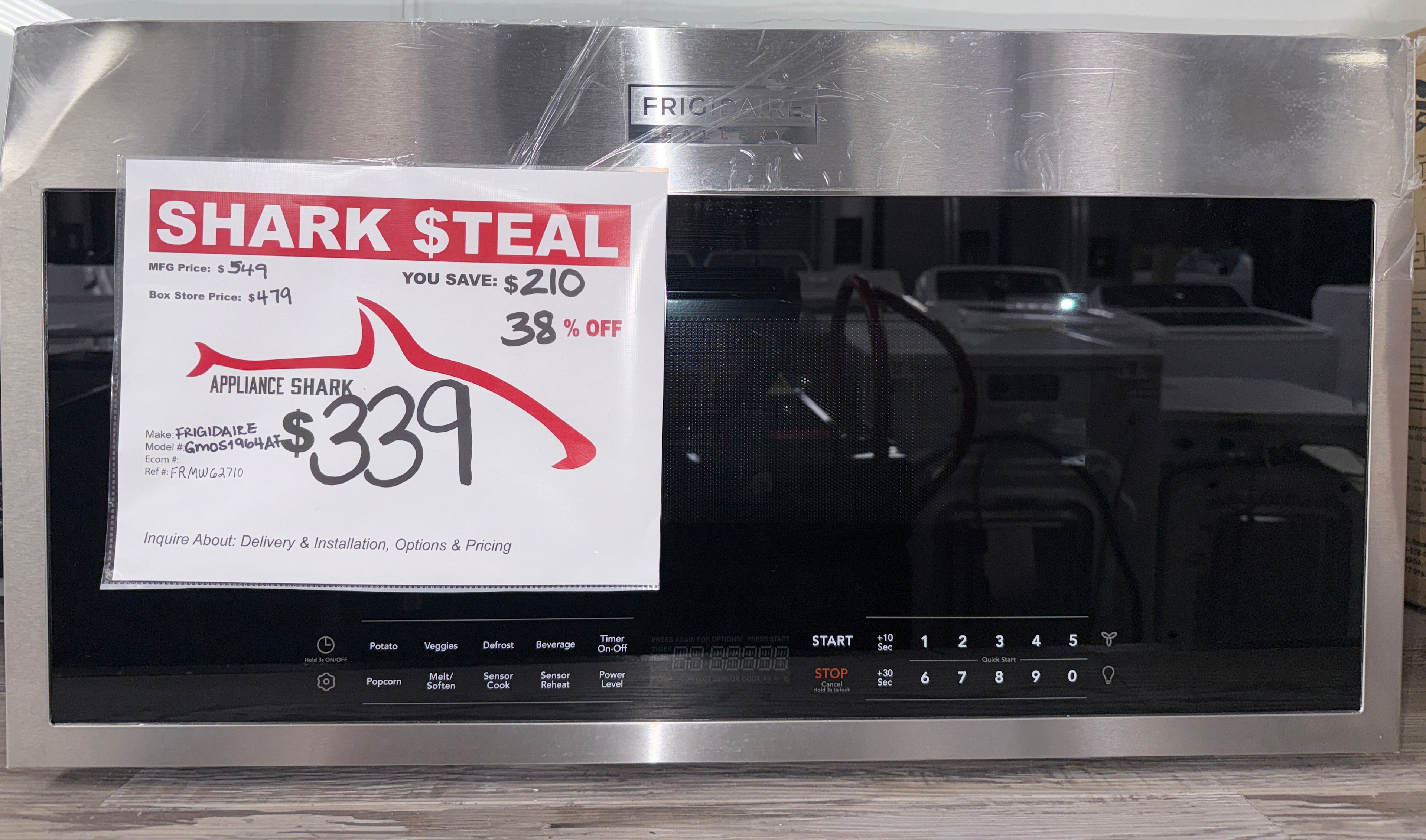 FRIGIDAIRE Gallery GMOS1964AF over-the-range microwave in stainless steel, available at Appliance Shark as the best scratch and dent microwave deal in Kansas City.